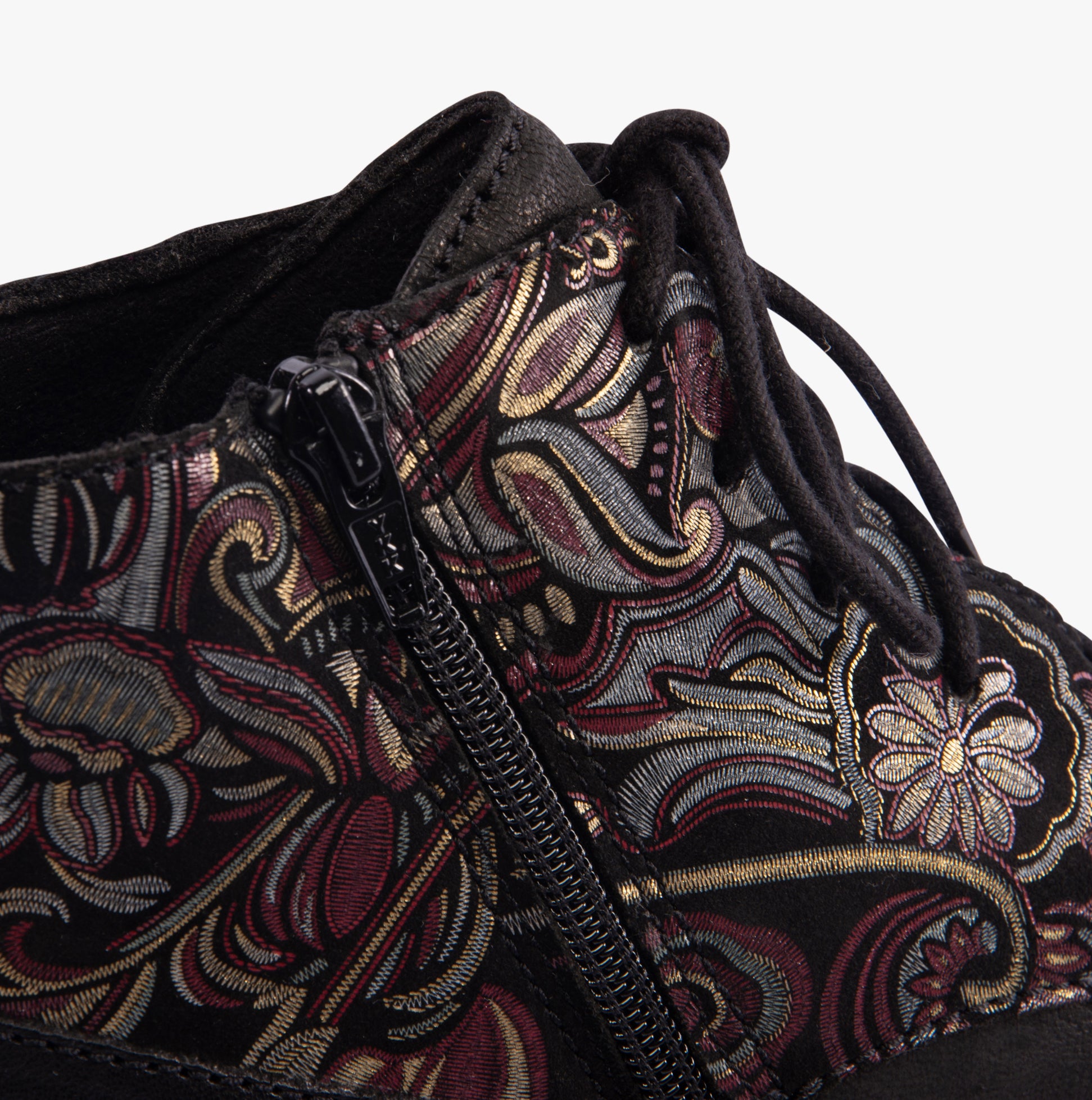 Josef Seibel SANJA 10 Womens Boots Black-Combi detail view featuring intricate floral pattern and lace-up design.