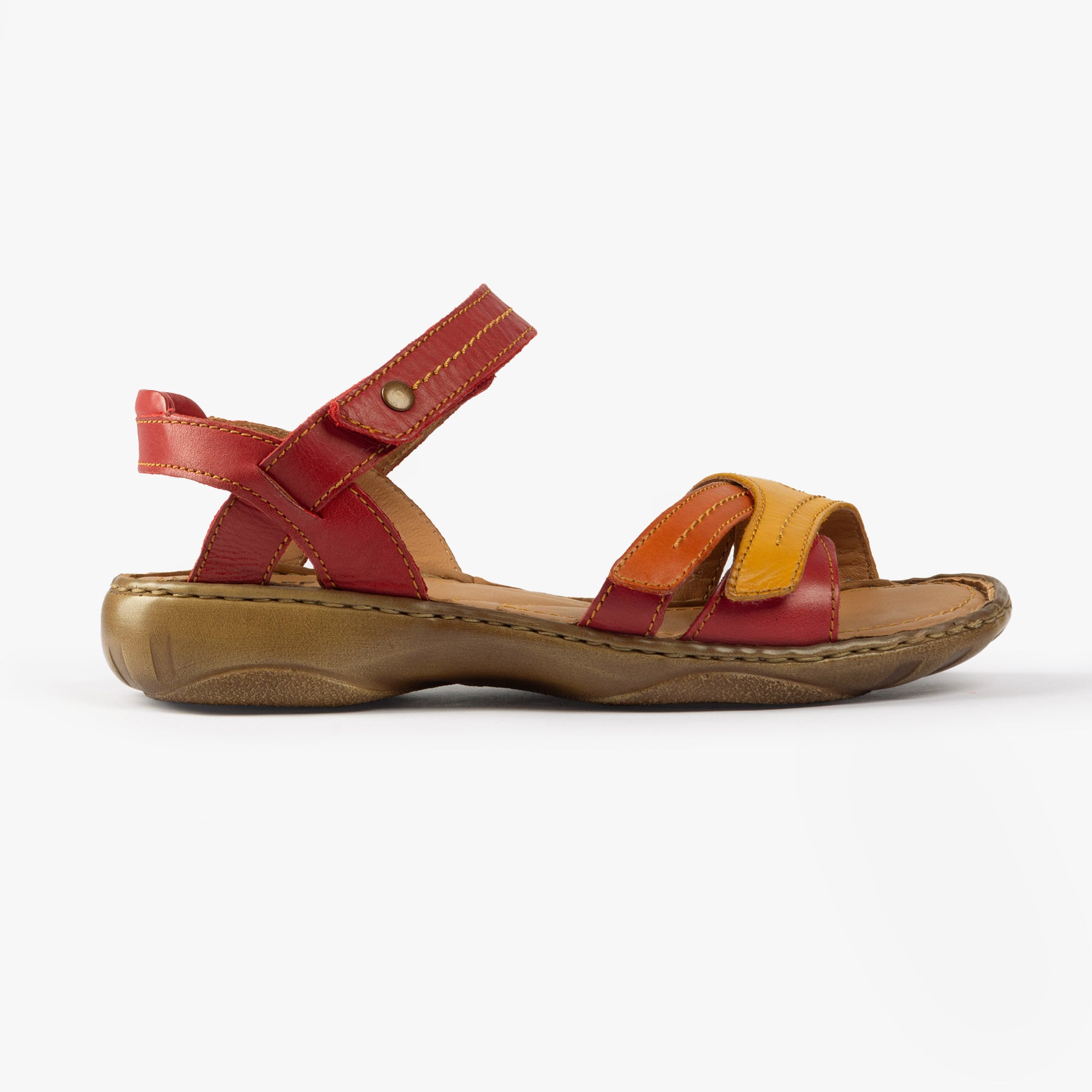 Josef Seibel DEBRA 62 Womens Sandals Rubin-Multi side view showcasing red and yellow leather straps, lightweight flat sole.