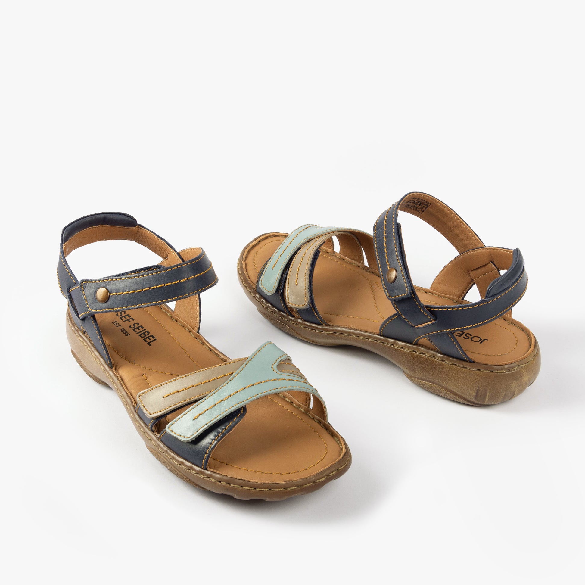 Josef Seibel DEBRA 62 Womens Sandals Indigo-Multi side view with leather straps and flat rubber sole.