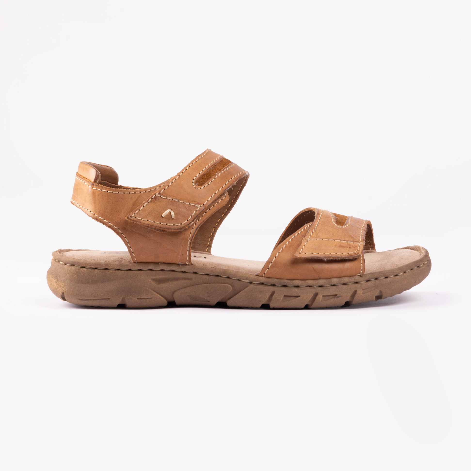 Josef Seibel BRENDA 08 Womens Sandals Camel side view showcasing leather upper and touch fasten features.