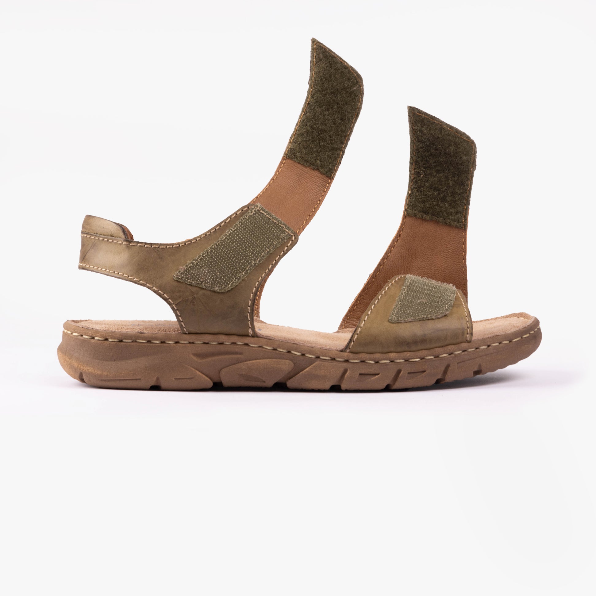Josef Seibel BRENDA 08 Womens Sandals Khaki side view showcasing leather upper and flat rubber sole.