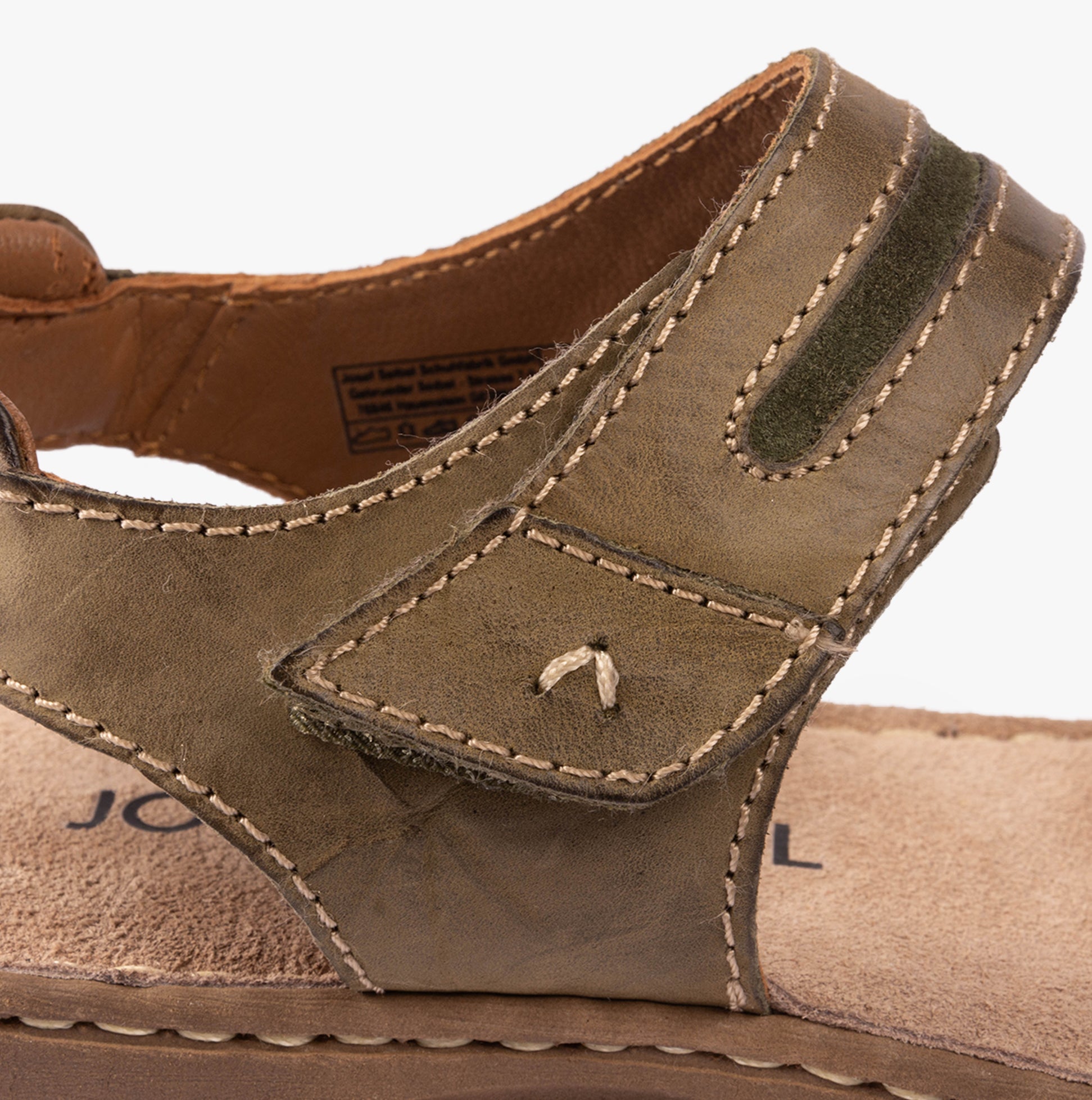 Josef Seibel BRENDA 08 Womens Sandals Khaki detail view showing leather upper and touch fastening.
