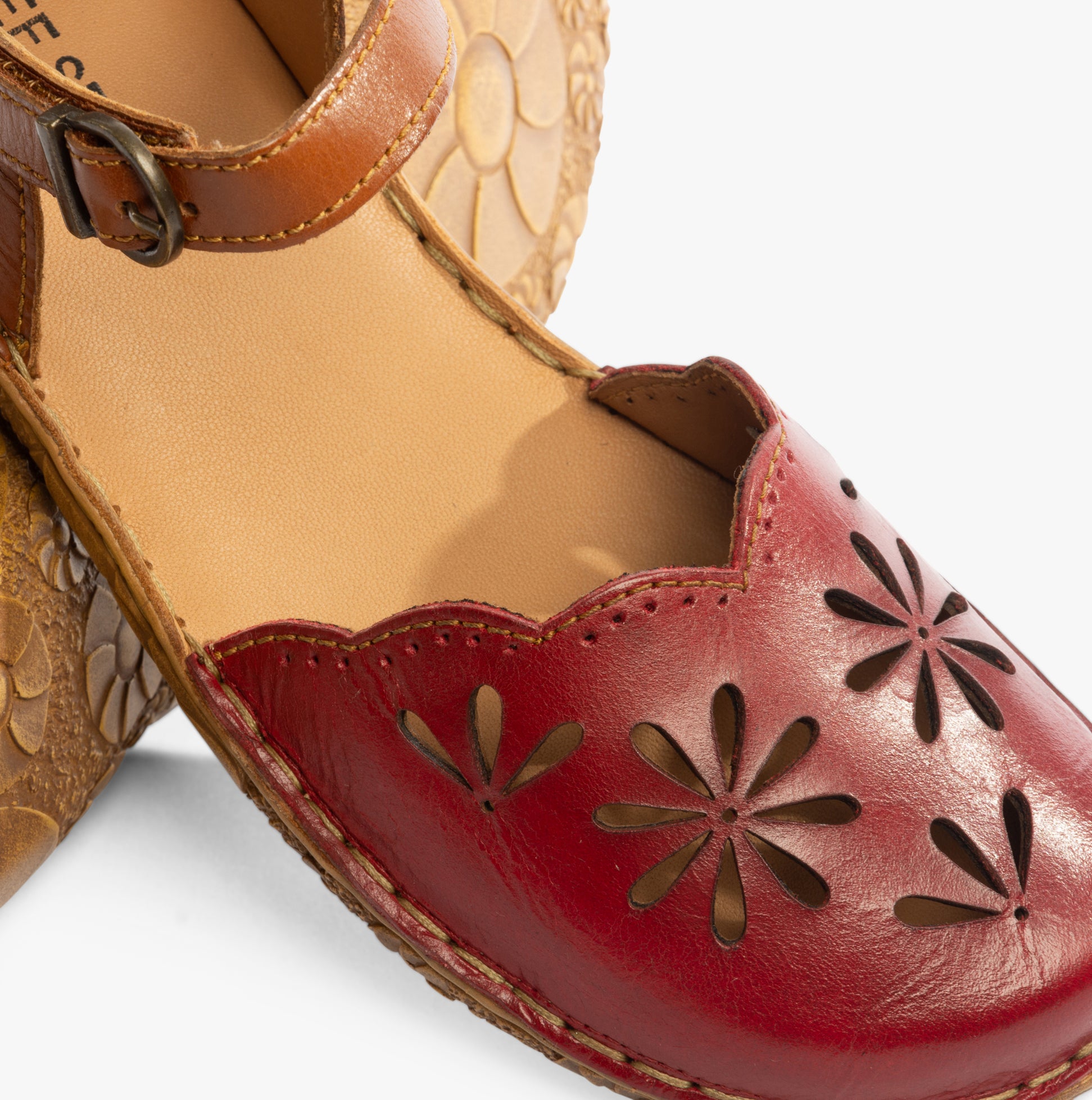 Josef Seibel ROSALIE 04 Womens Sandals Rubin-Kombi side view showcasing red leather design and floral cutouts.
