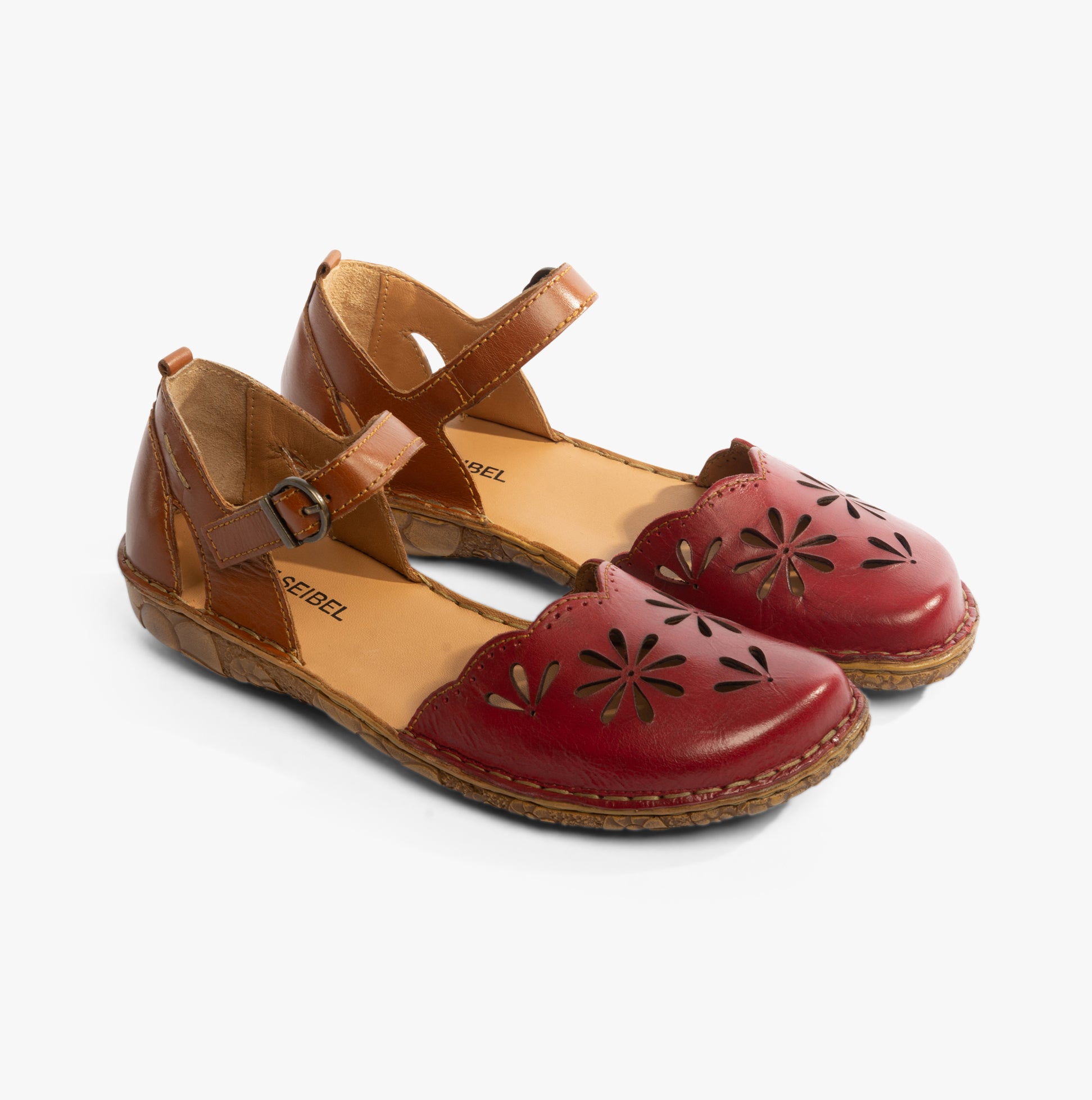 Josef Seibel ROSALIE 04 Womens Sandals Rubin-Kombi side view, stylish red leather with cut-out detail, comfortable sandals.