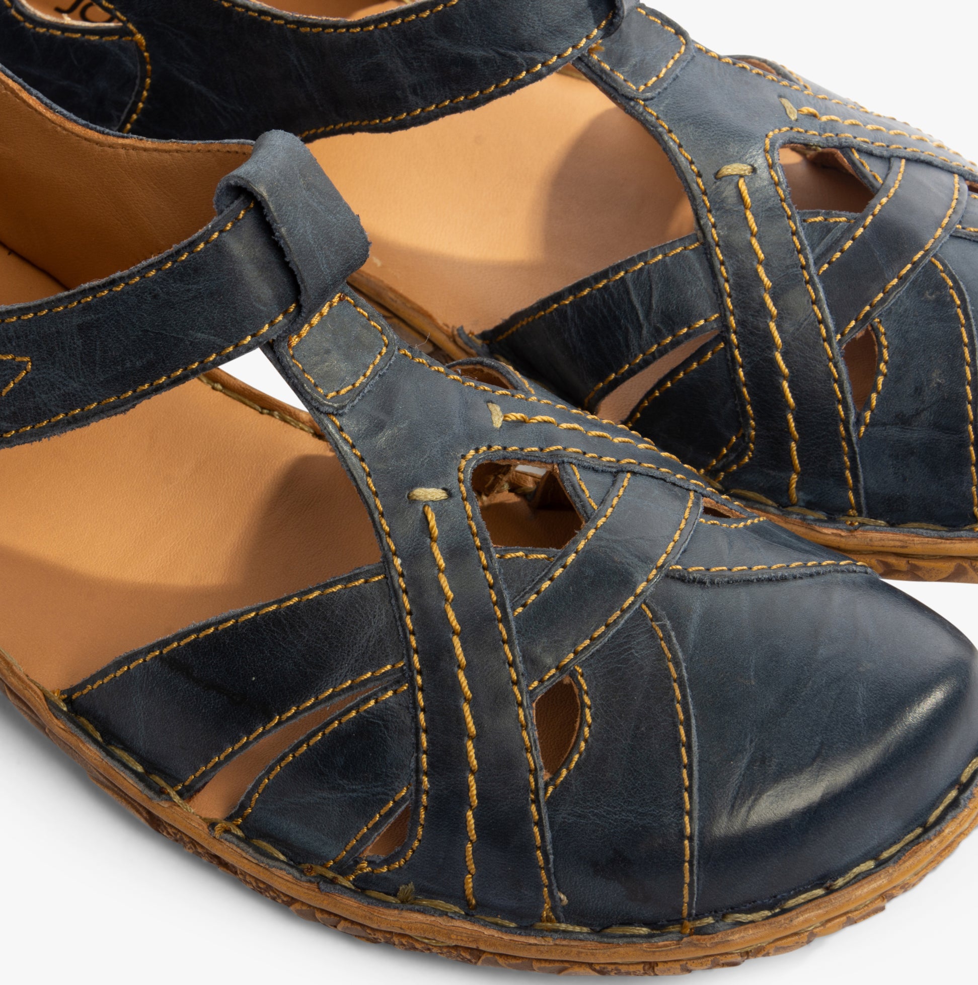 Josef Seibel ROSALIE 29 Womens Sandals Dunkelblau detail view showcasing leather upper and touch fasten closure.