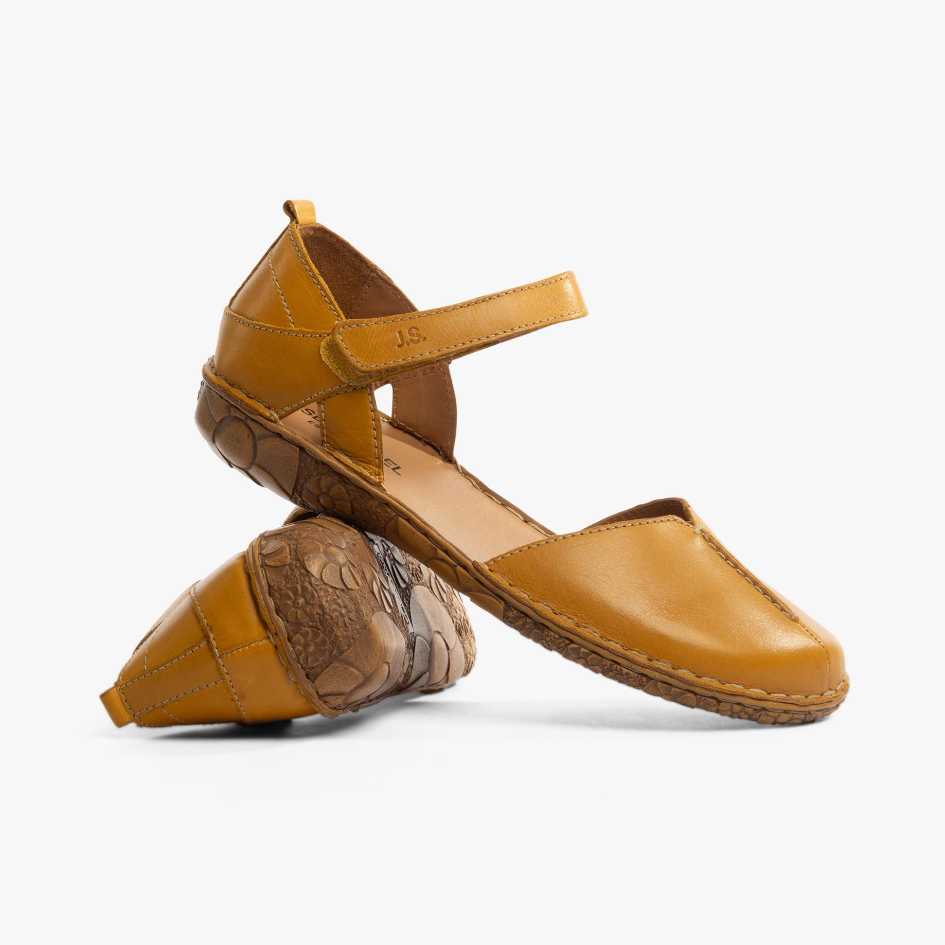 Josef Seibel ROSALIE 42 Womens Sandals Mango side view with leather upper and flat sole.