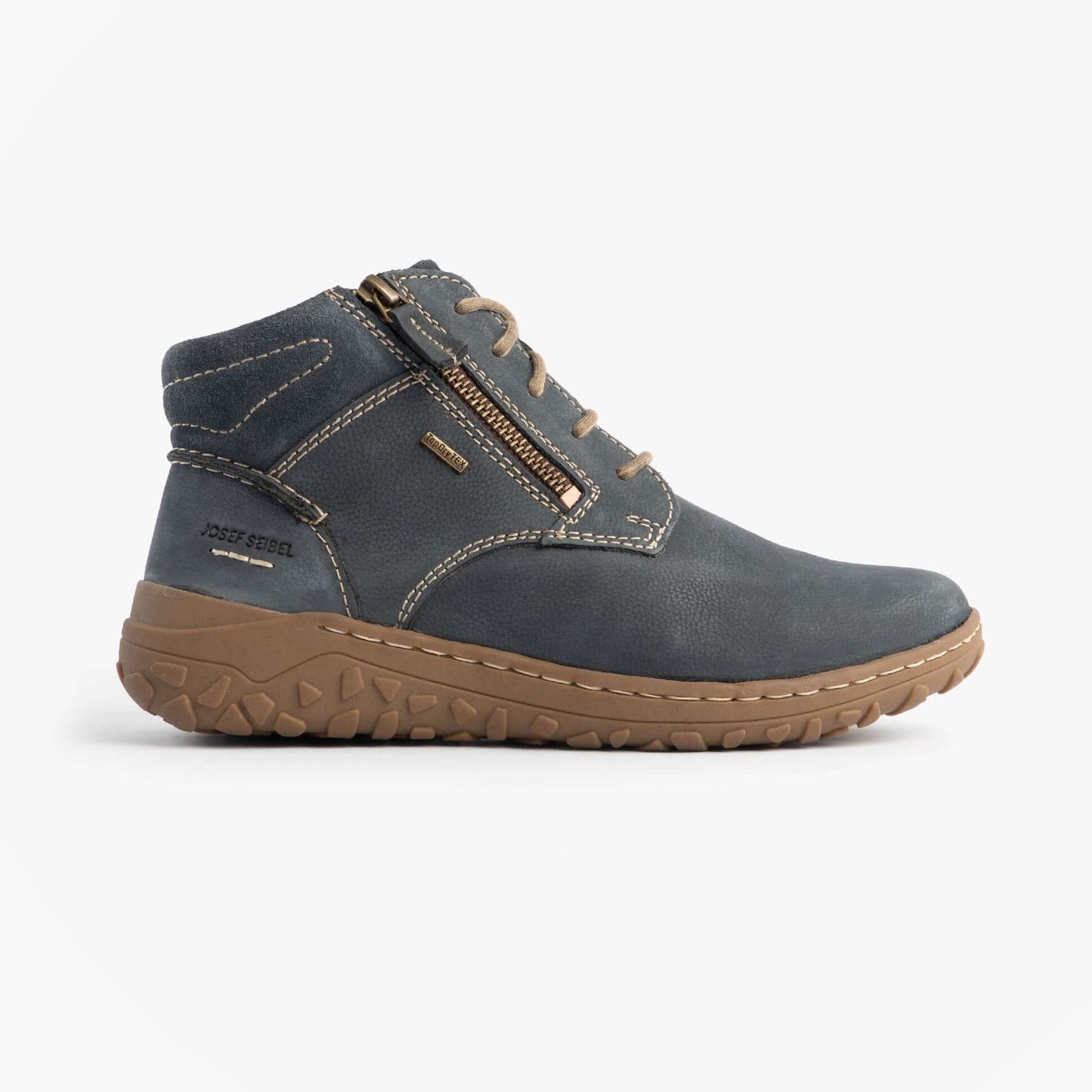 Josef Seibel RUBY 54 Ladies Boots Indigo Blue side view showing lace-up and zip closure with rubber sole.