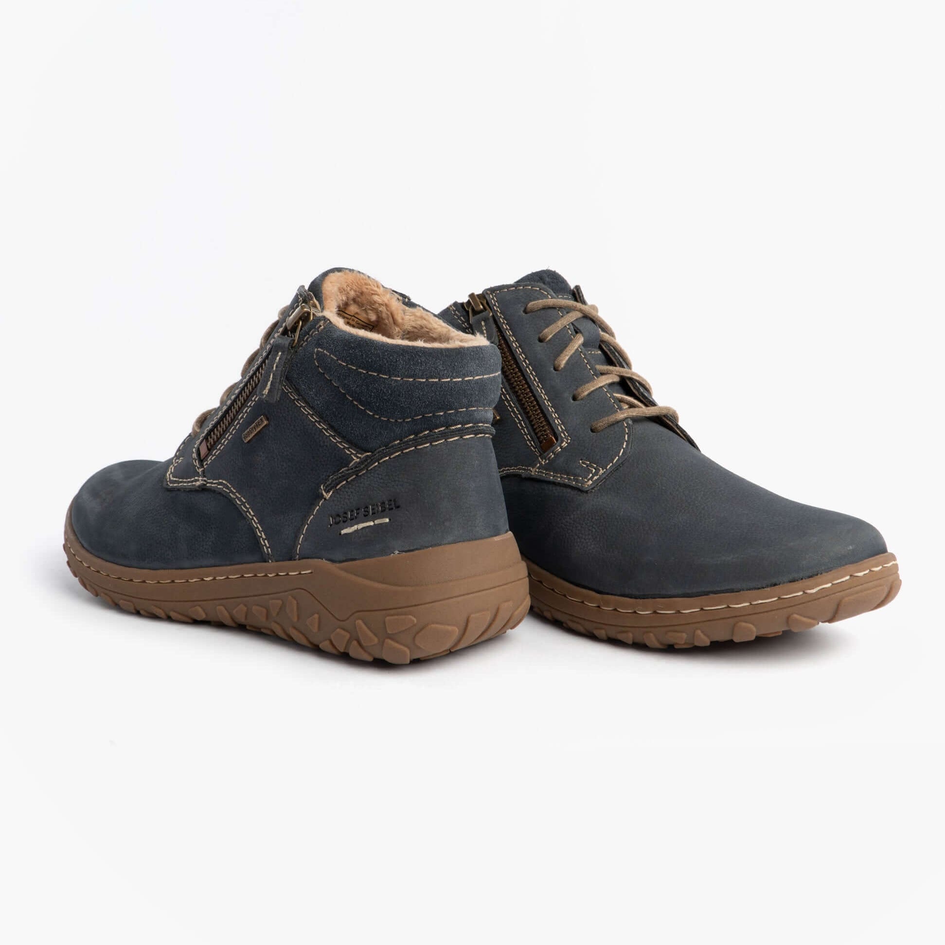 Josef Seibel RUBY 54 Ladies Boots Indigo Blue, side view with zipper, lace-up closure, comfort lining and grip sole.