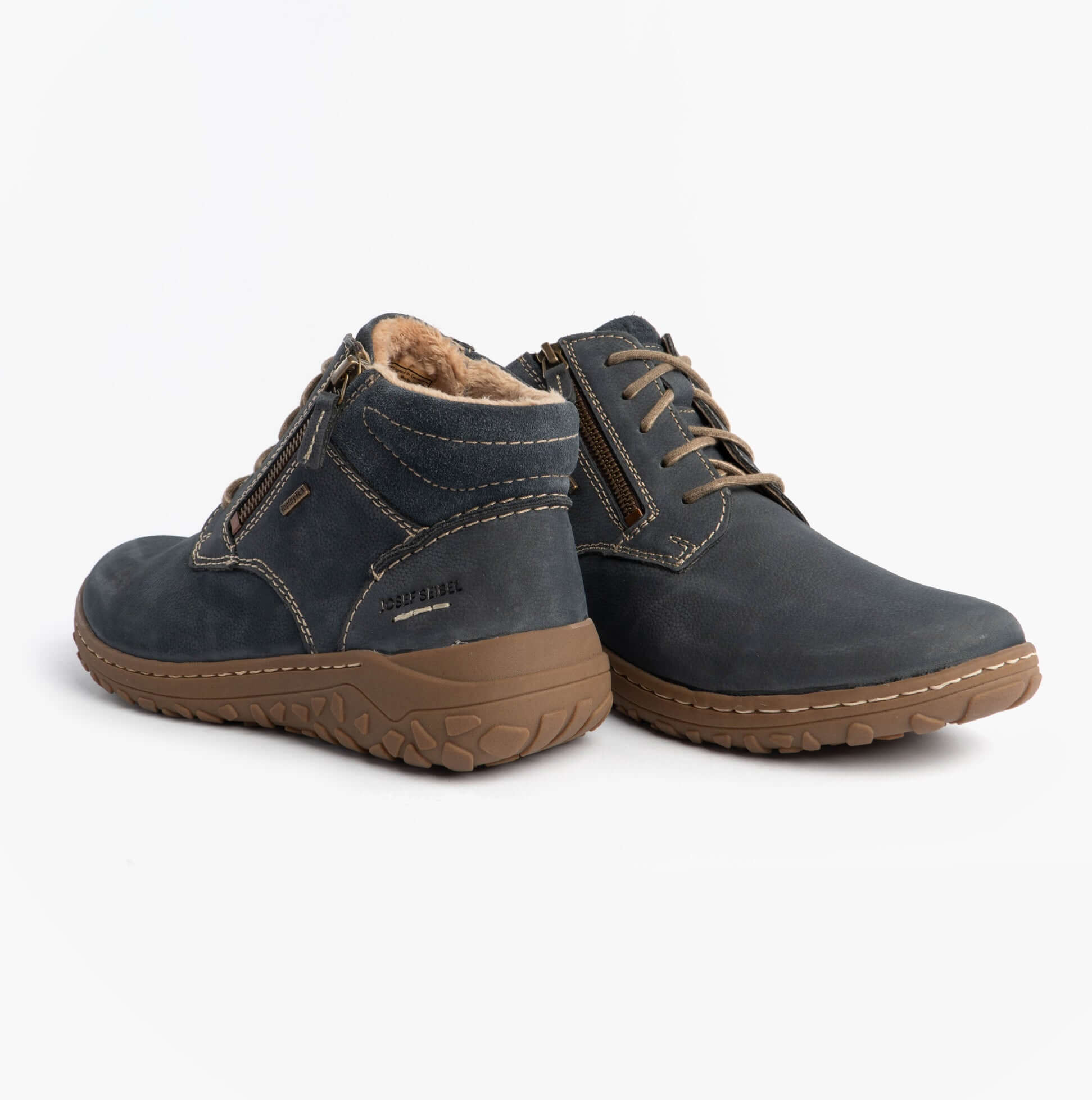 Josef Seibel RUBY 54 Ladies Boots Indigo Blue, side view with zipper, lace-up closure, comfort lining and grip sole.