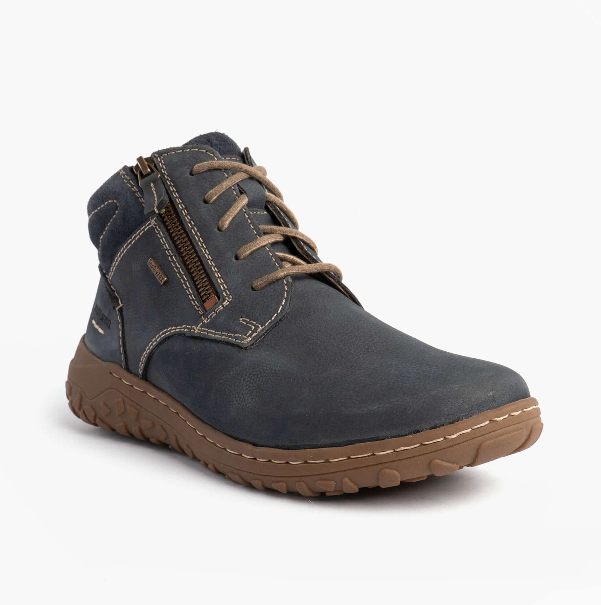 Josef Seibel RUBY 54 Ladies Boots Indigo Blue side view showcasing lace-up and zip features on a rubber sole.