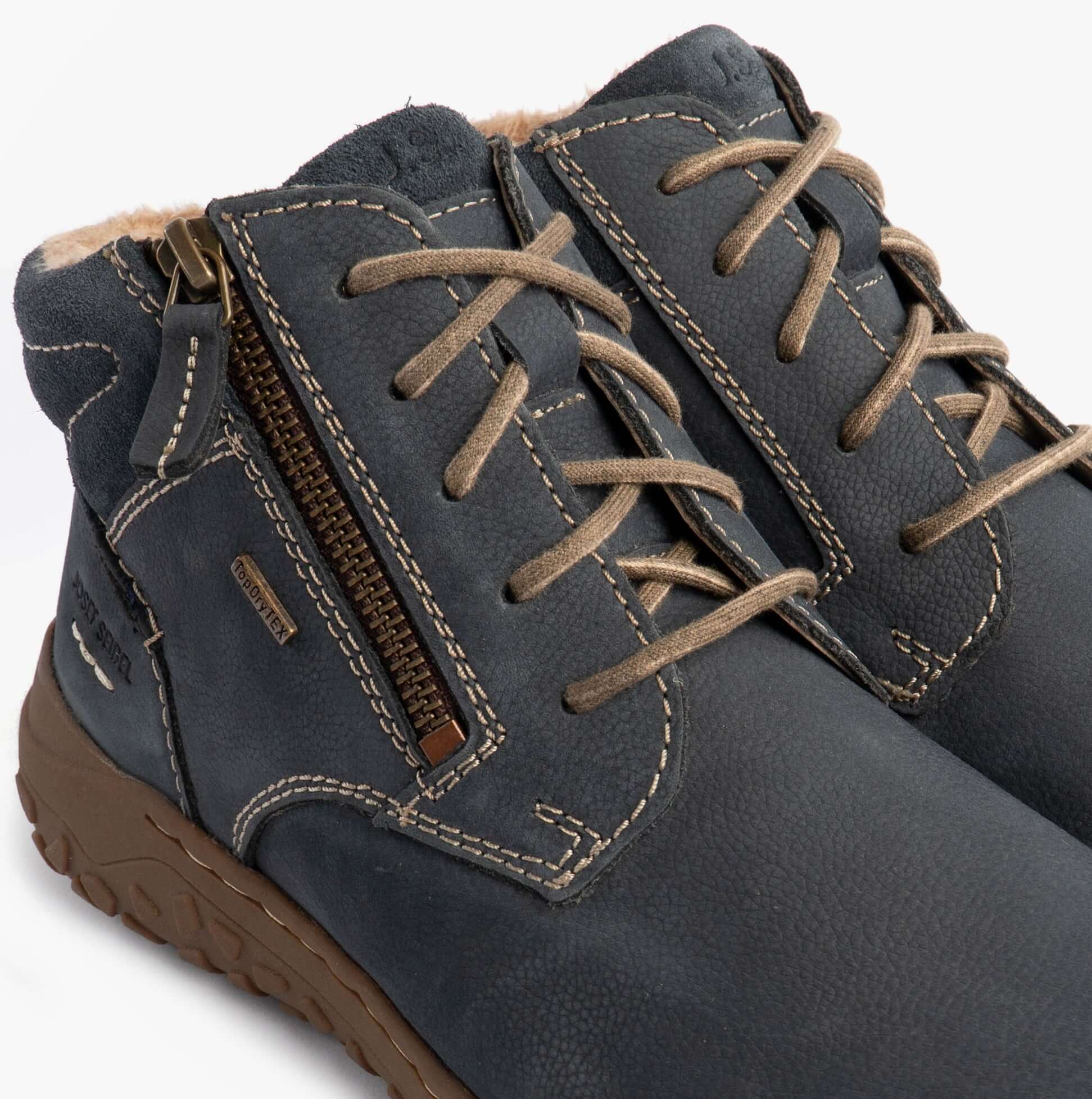Josef Seibel RUBY 54 Ladies Boots Indigo Blue detail view showing lace-up and zip closure, soft lining, and sturdy sole.