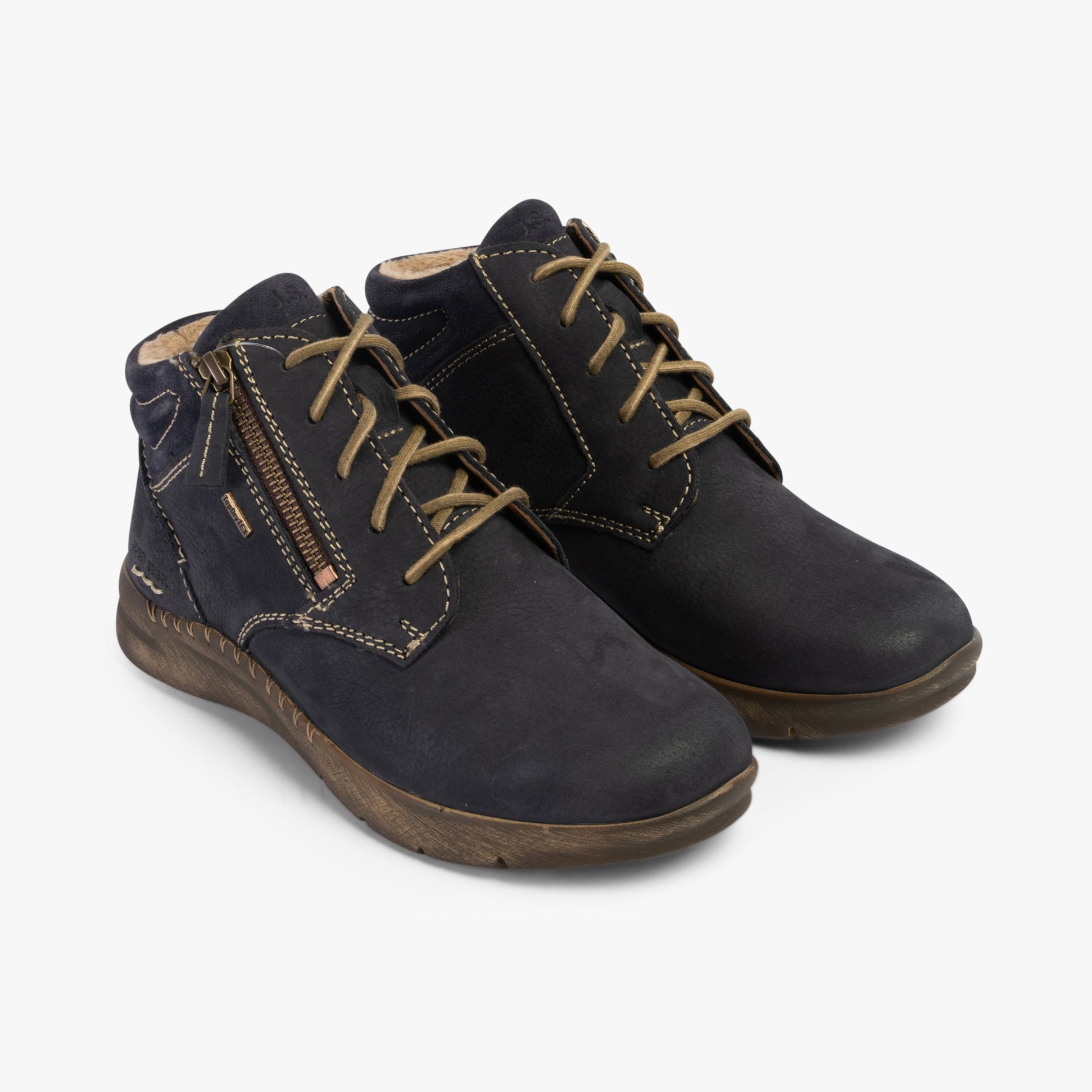 Josef Seibel CONNY 52 Womens Boots Ocean side view of ankle boots in dark blue leather with lace-up and zipper detail.