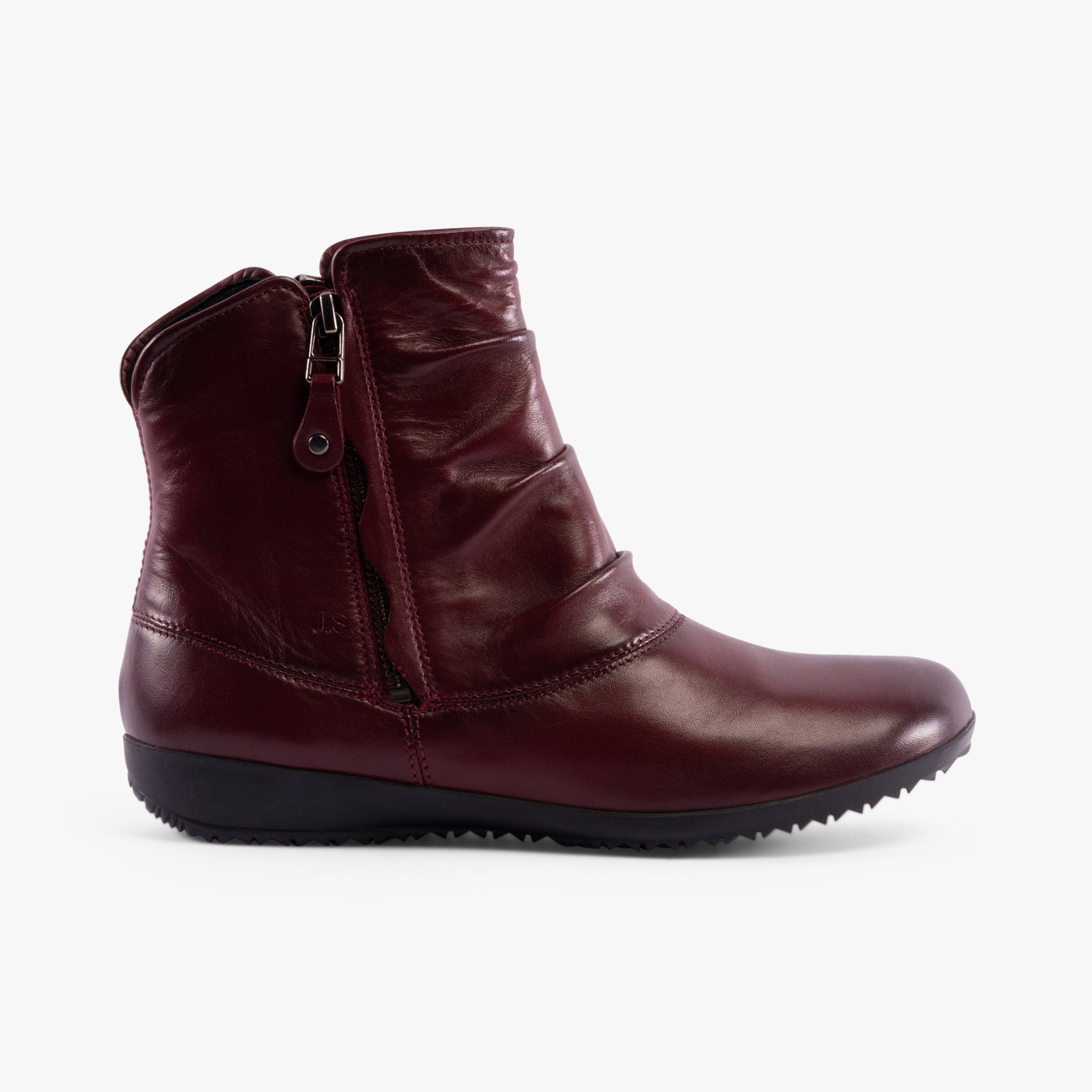 Josef Seibel NALY 24 Womens Boots Bordo side view showing leather upper, zip closure, and flat sole.