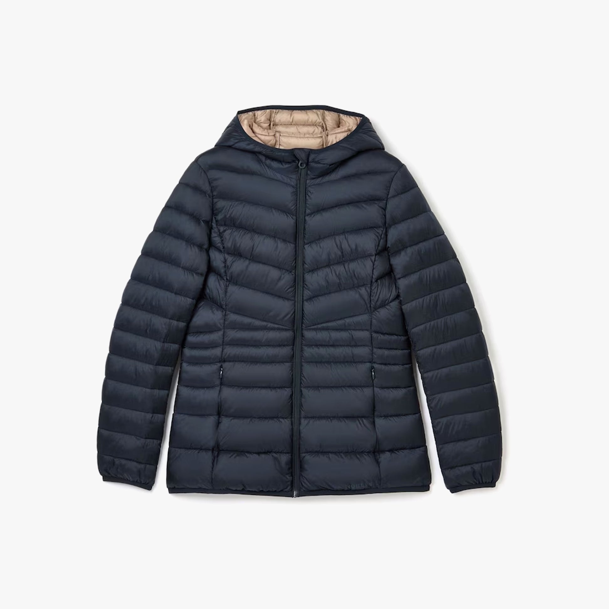 Joules KENLEY Womens Showerproof Hooded Puffer Jacket Navy, front view, showing zip closure and padded design.
