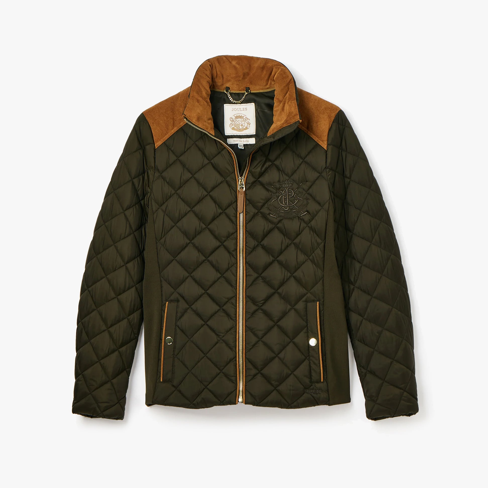 Joules BRAEMAR LUXE Womens Quilted Jacket Green, front view, featuring diamond quilted design and suedette shoulders.