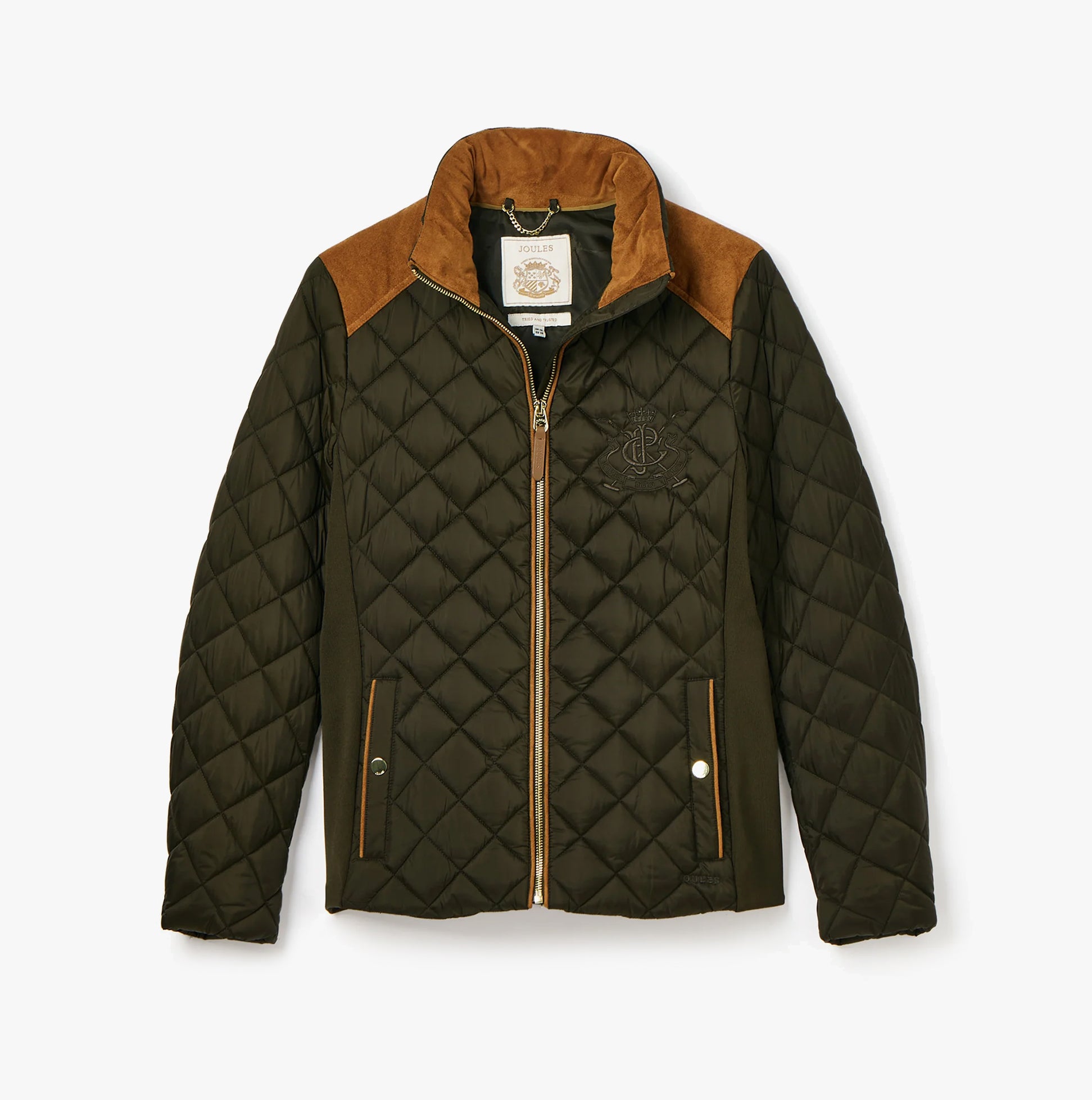 Joules BRAEMAR LUXE Womens Quilted Jacket Green, front view, featuring diamond quilted design and suedette shoulders.