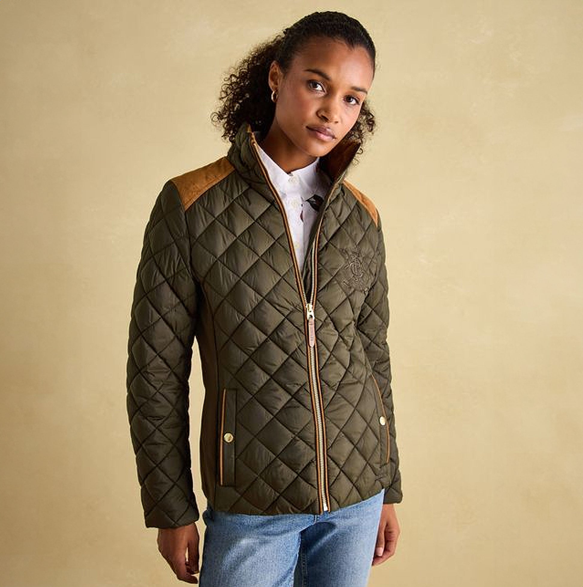 Joules BRAEMAR LUXE Womens Quilted Jacket Green front view featuring diamond quilted design and suedette shoulders.
