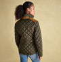 Joules BRAEMAR LUXE Womens Quilted Jacket Green back view featuring diamond quilted design and suedette shoulders.