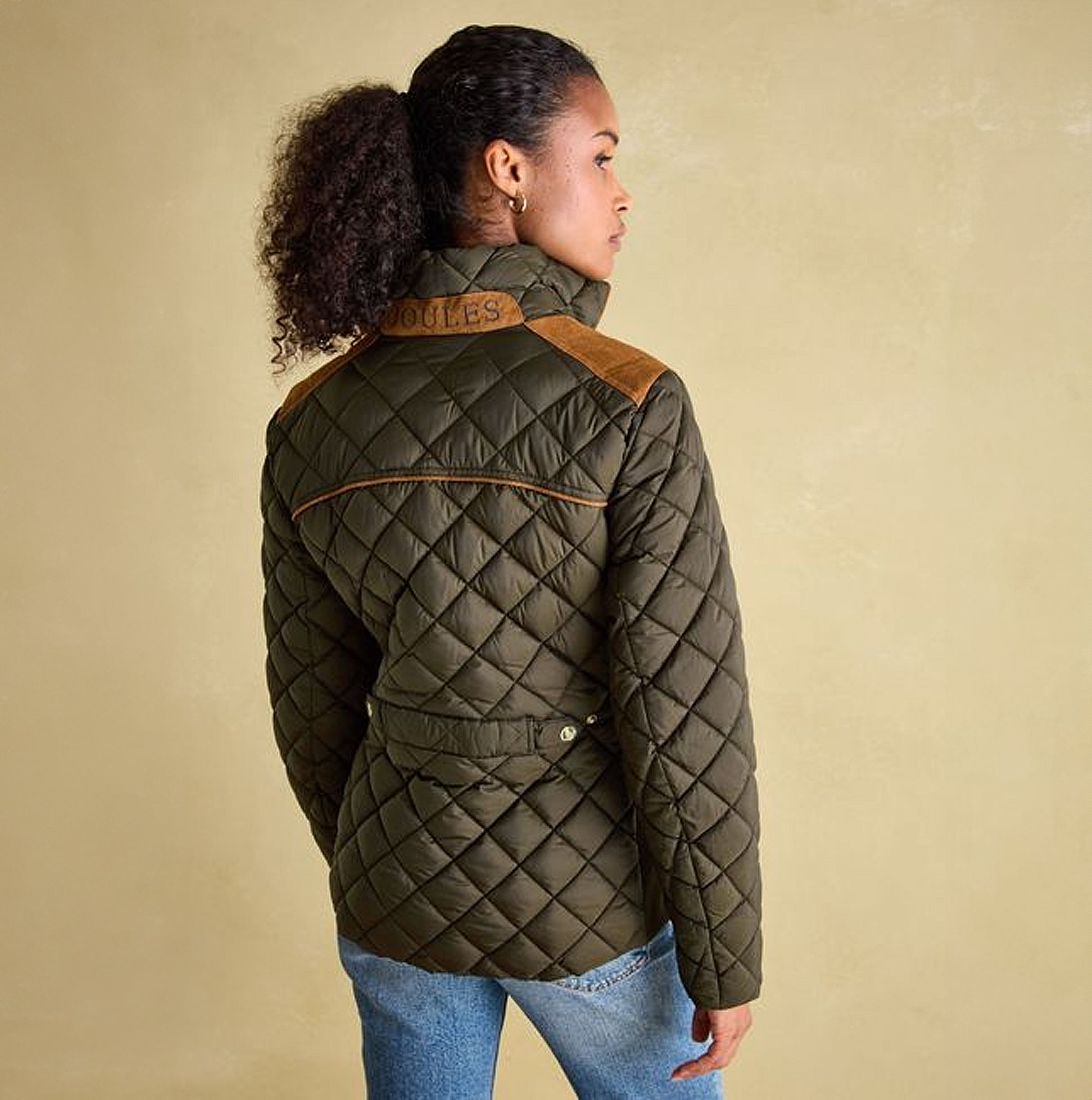 Joules BRAEMAR LUXE Womens Quilted Jacket Green back view featuring diamond quilted design and suedette shoulders.