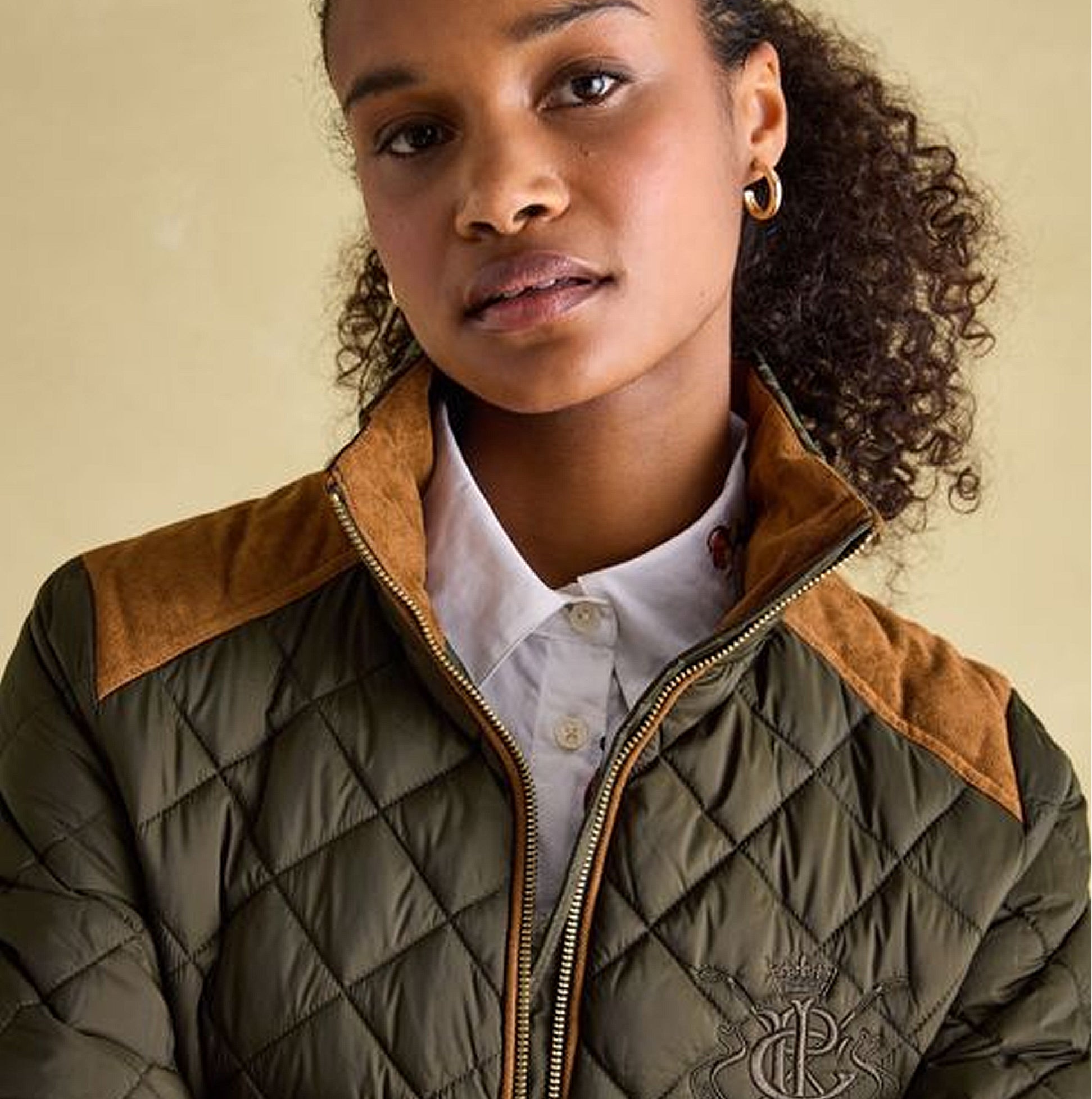 Joules BRAEMAR LUXE Womens Quilted Jacket Green front view with funnel neck and suedette shoulders.