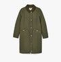 Joules ROSEWELL Womens Longline Quilted Showerproof Coat Green front view showing diamond quilted pattern and button closure.