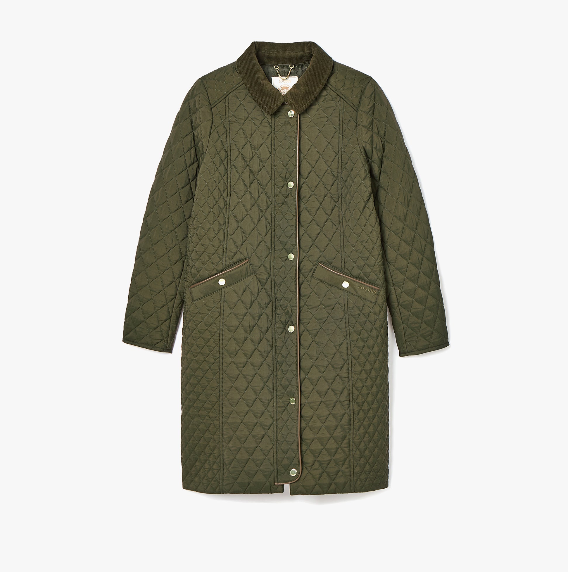 Joules ROSEWELL Womens Longline Quilted Showerproof Coat Green front view showing diamond quilted pattern and button closure.