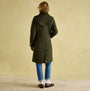 Joules ROSEWELL Womens Longline Quilted Showerproof Coat Green back view, showcasing diamond quilted design and funnel neck.