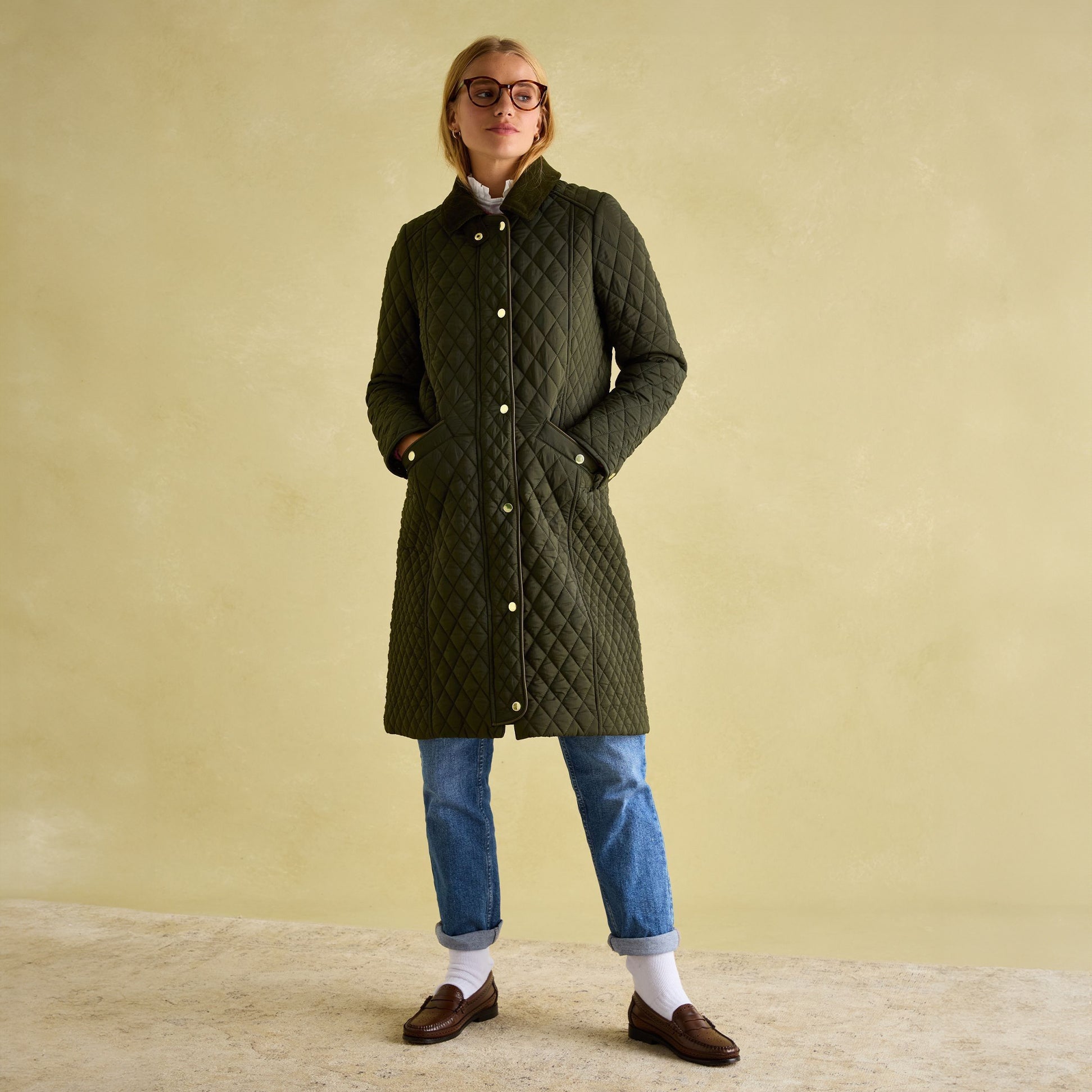 Joules ROSEWELL Womens Longline Quilted Showerproof Coat Green front view worn by model