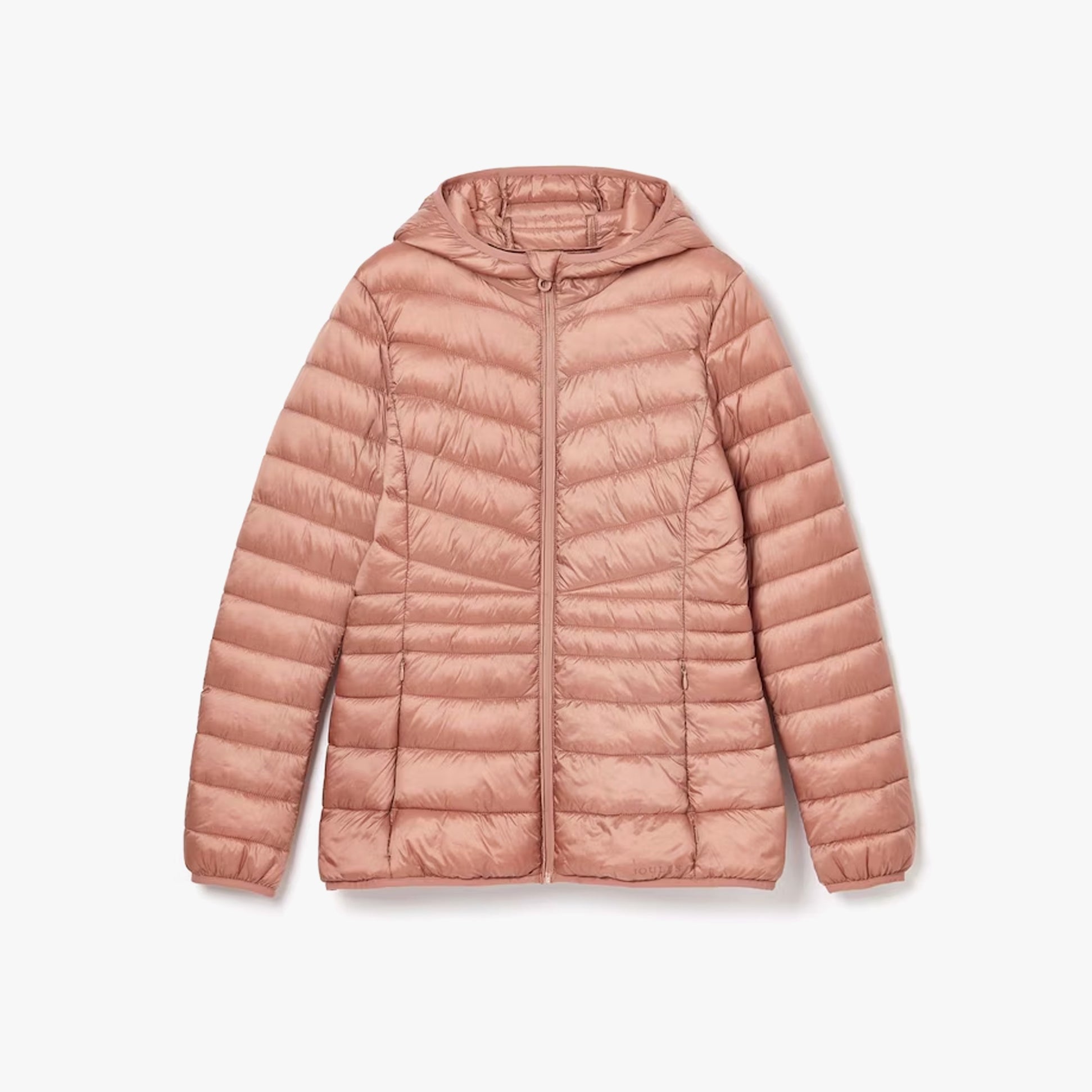 Joules KENLEY Womens Showerproof Hooded Puffer Jacket Pink front view showcasing the zip closure and lightweight design.
