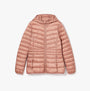 Joules KENLEY Womens Showerproof Hooded Puffer Jacket Pink front view showcasing the zip closure and lightweight design.