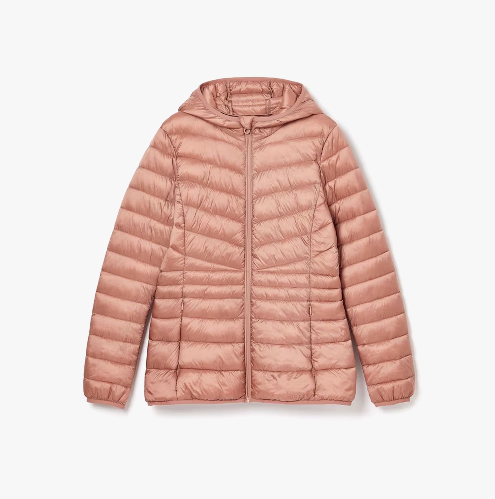 Joules KENLEY Womens Showerproof Hooded Puffer Jacket Pink front view showcasing the zip closure and lightweight design.