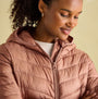 Joules KENLEY Womens Showerproof Hooded Puffer Jacket Pink front view with model showcasing the zip closure and hood.