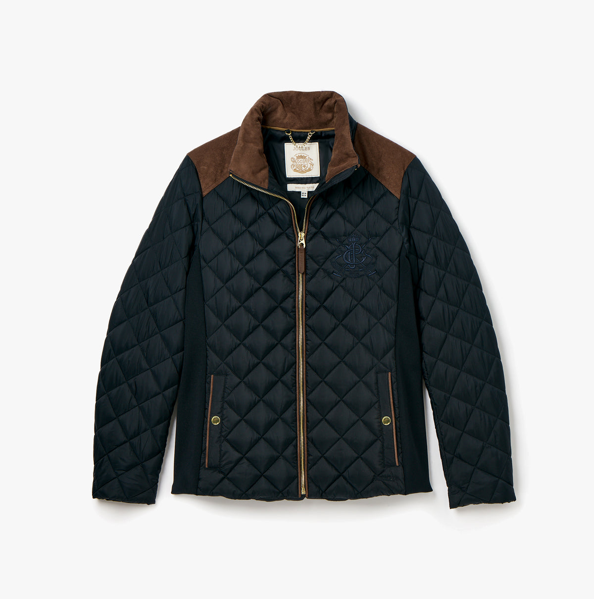 Joules BRAEMAR LUXE Womens Quilted Jacket Navy front view featuring zip closure, suede accents, and diamond quilted design.