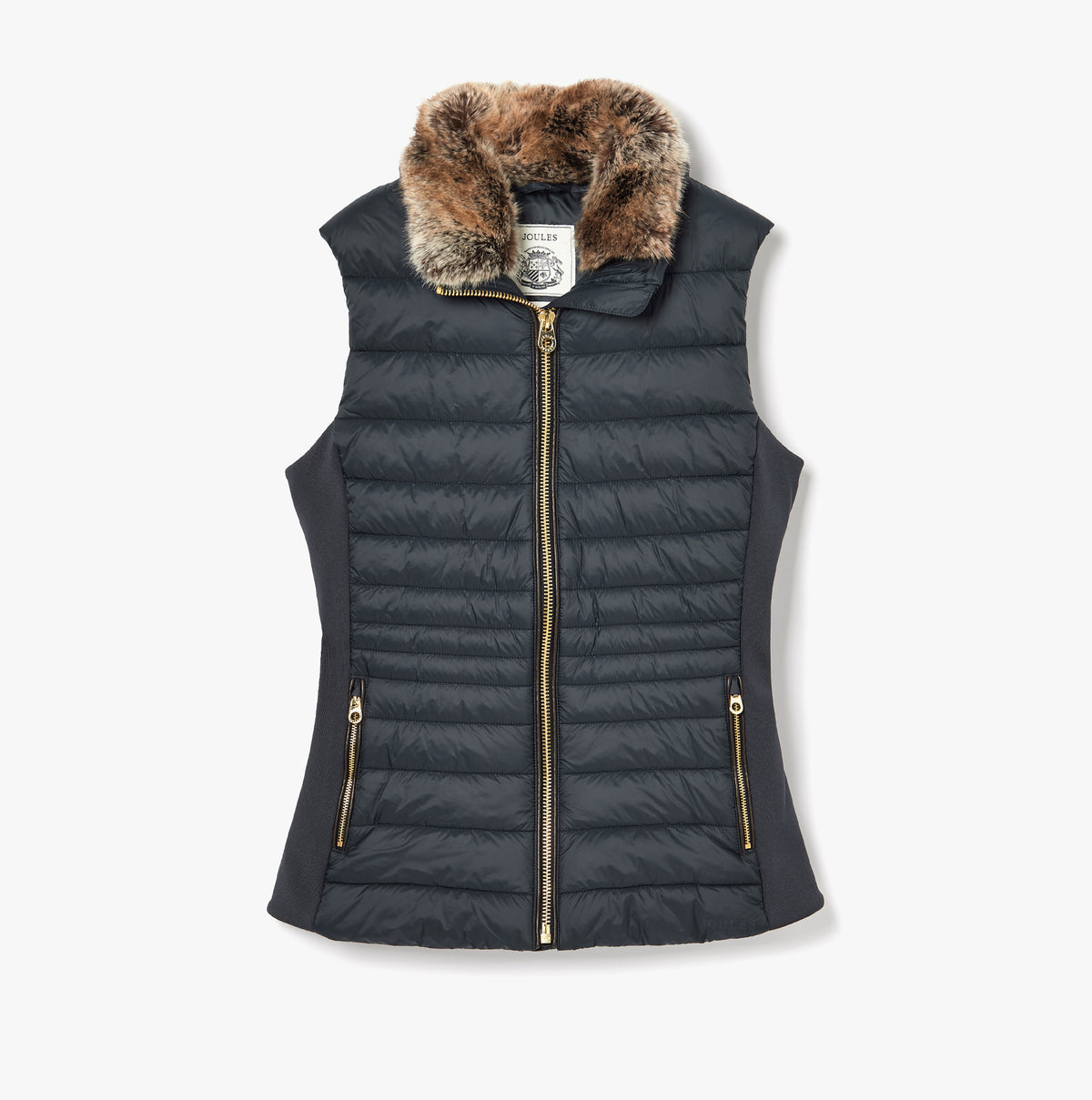 Joules BECKLEY Womens Padded Showerproof Gilet Navy front view with detachable faux fur collar and zip closure.