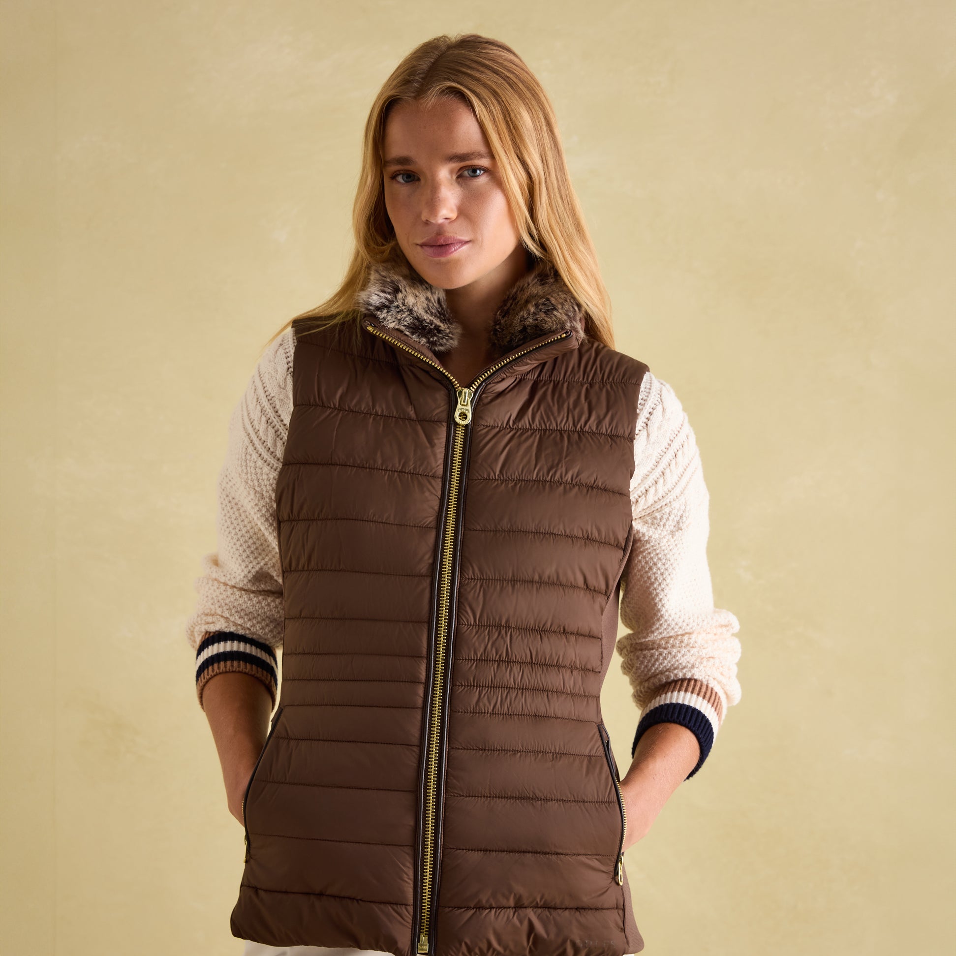 Joules BECKLEY Womens Padded Showerproof Gilet Chestnut front view with detachable faux fur collar and zip fastening.