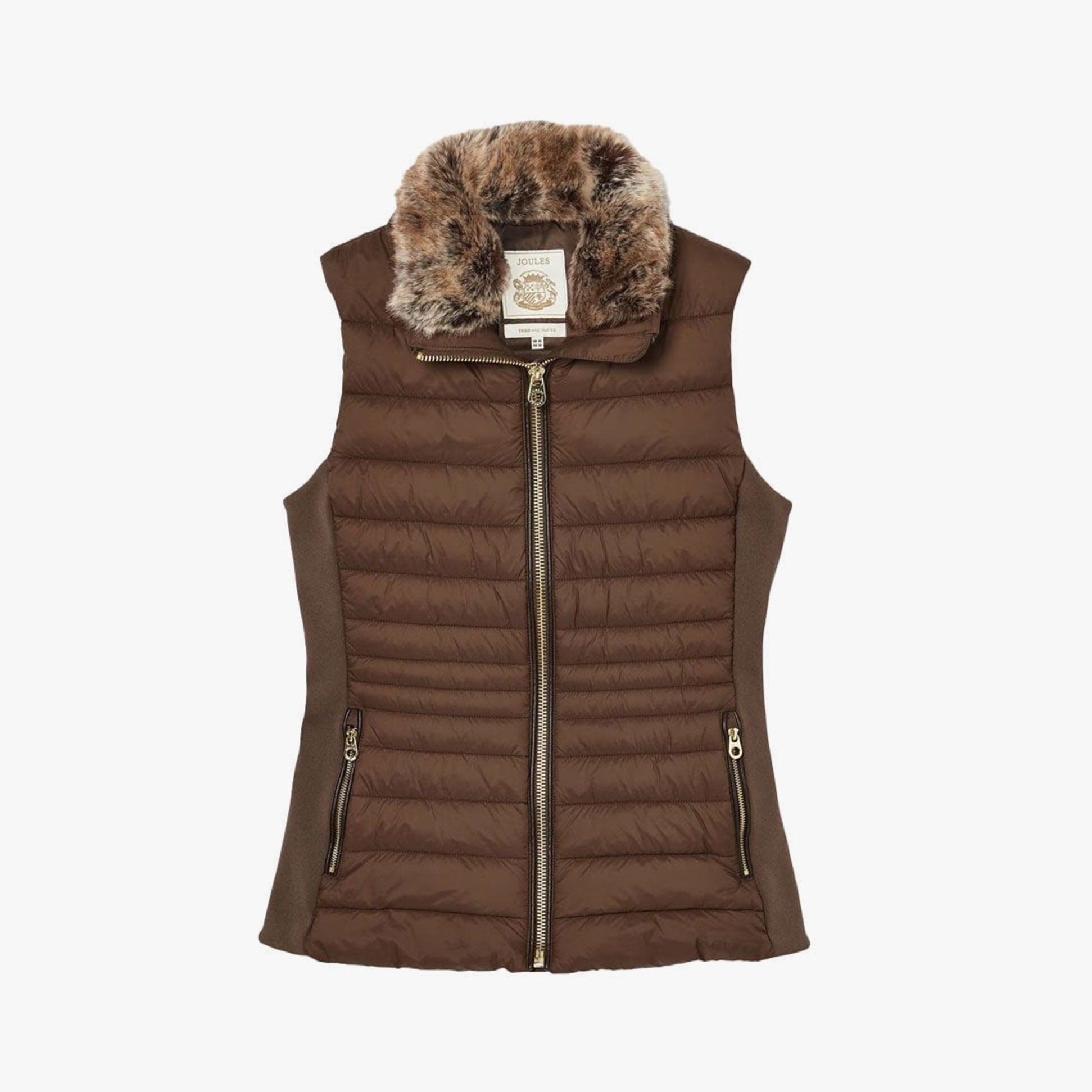 Joules BECKLEY Womens Padded Showerproof Gilet Chestnut front view with detachable faux fur collar and zip fastening