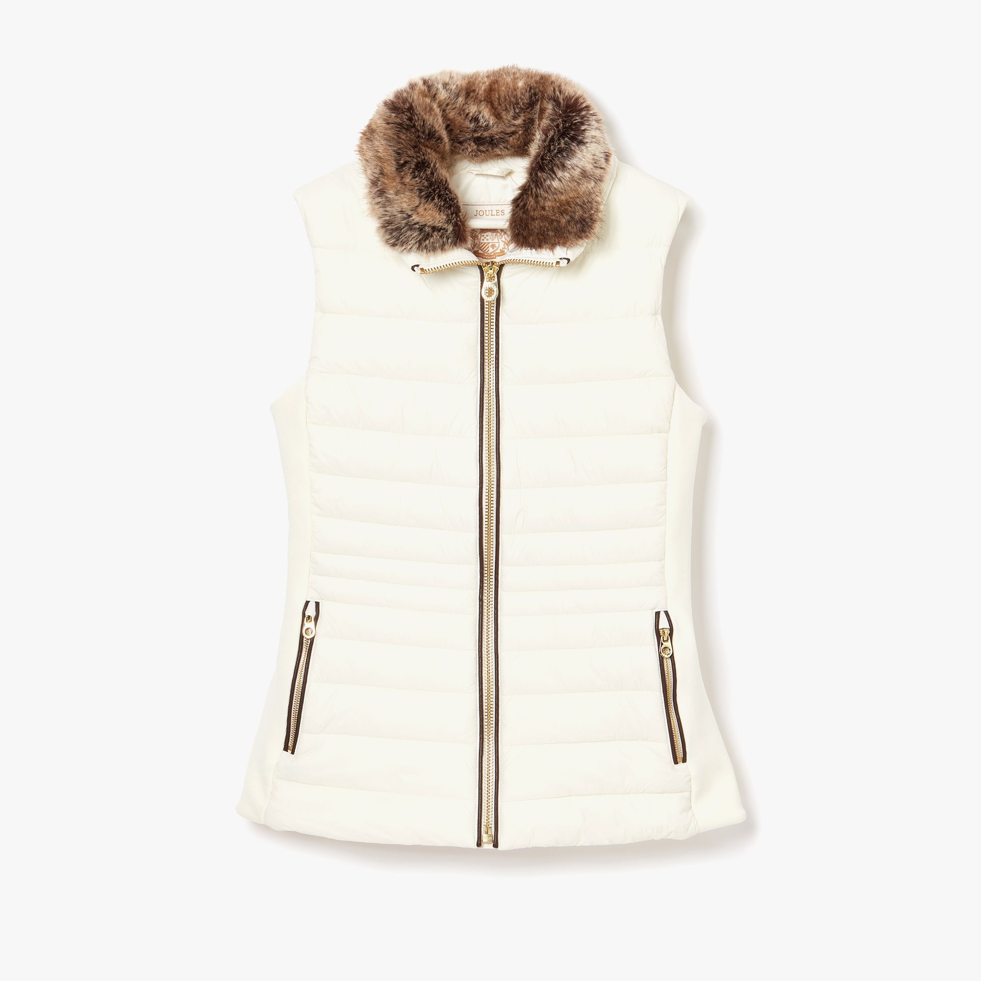 Joules BECKLEY Womens Padded Showerproof Gilet White front view with detachable faux fur collar and zip fastening.