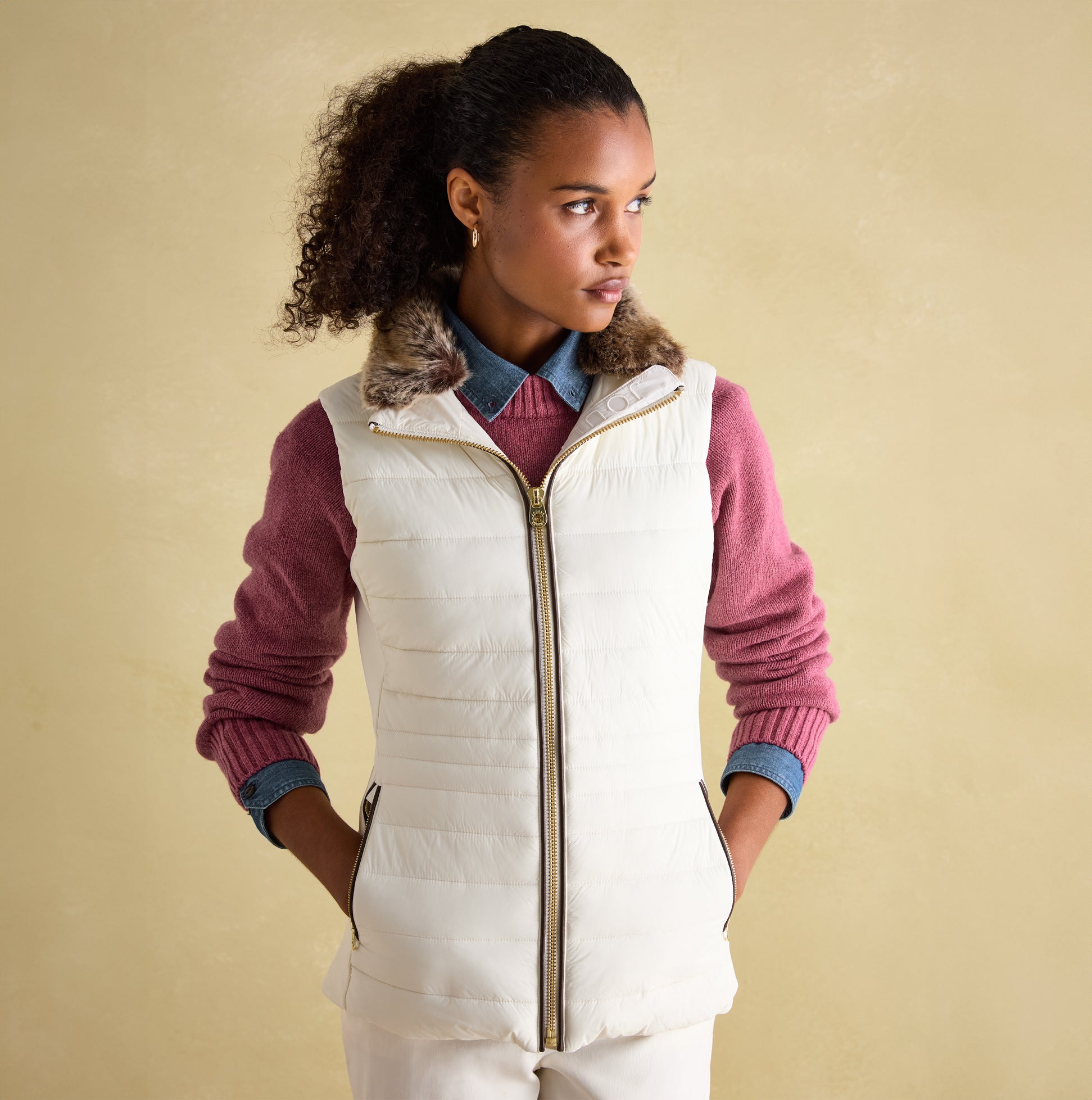 Joules BECKLEY Womens Padded Showerproof Gilet White front view with detachable faux fur collar