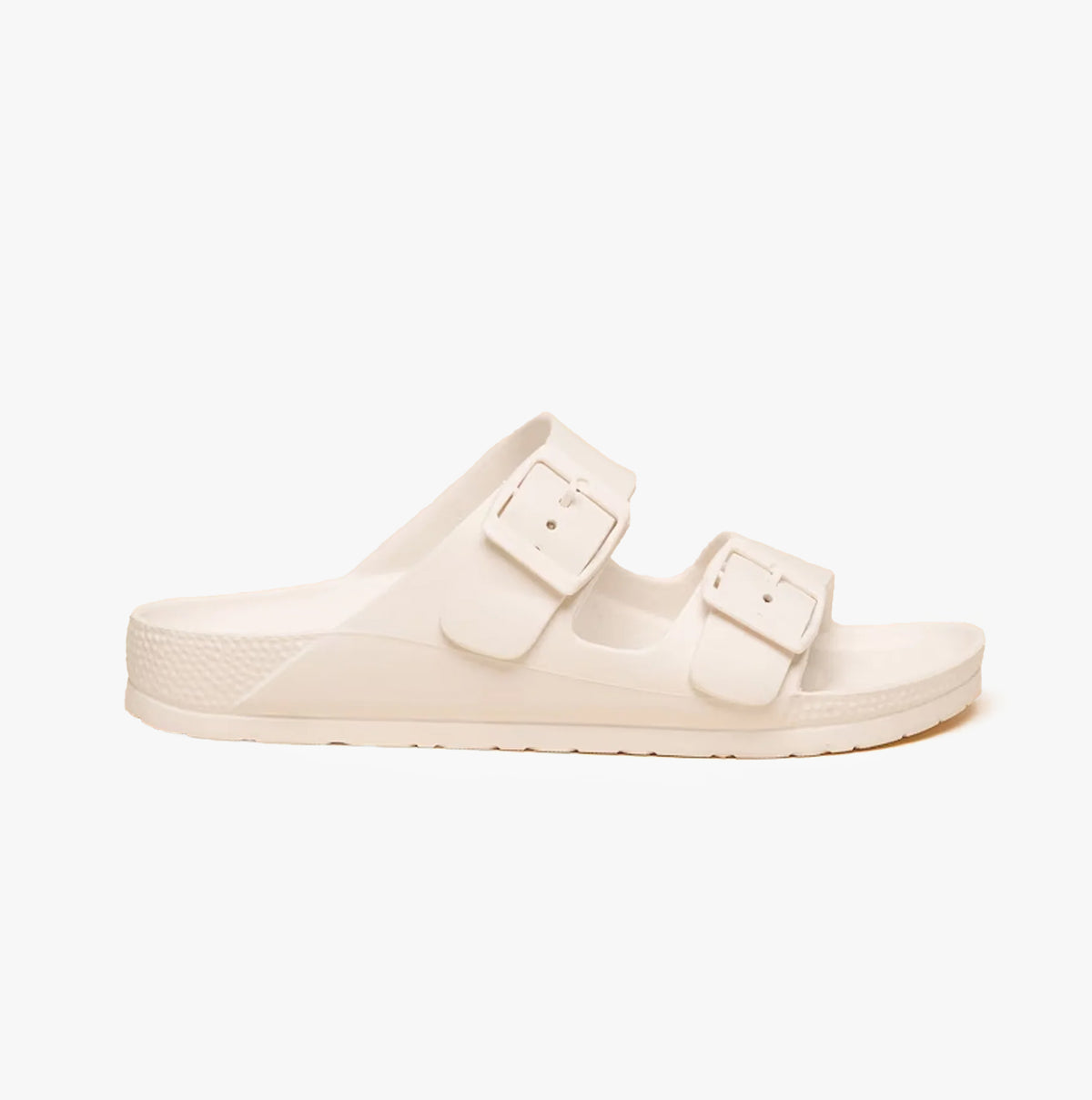 Joules SUNSEEKER Womens Sliders White side view with two adjustable buckles on a flat EVA sole.