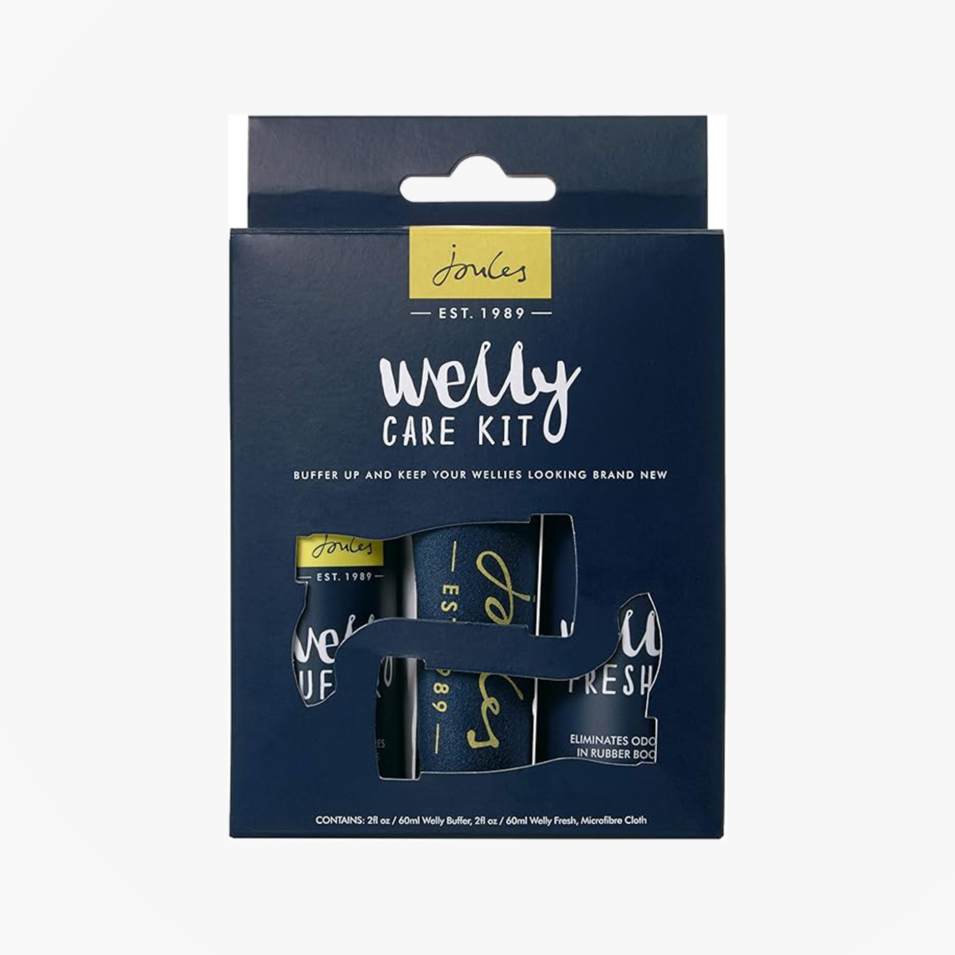 Joules WELLY Care Kit front view packaging with care items for footwear maintenance.