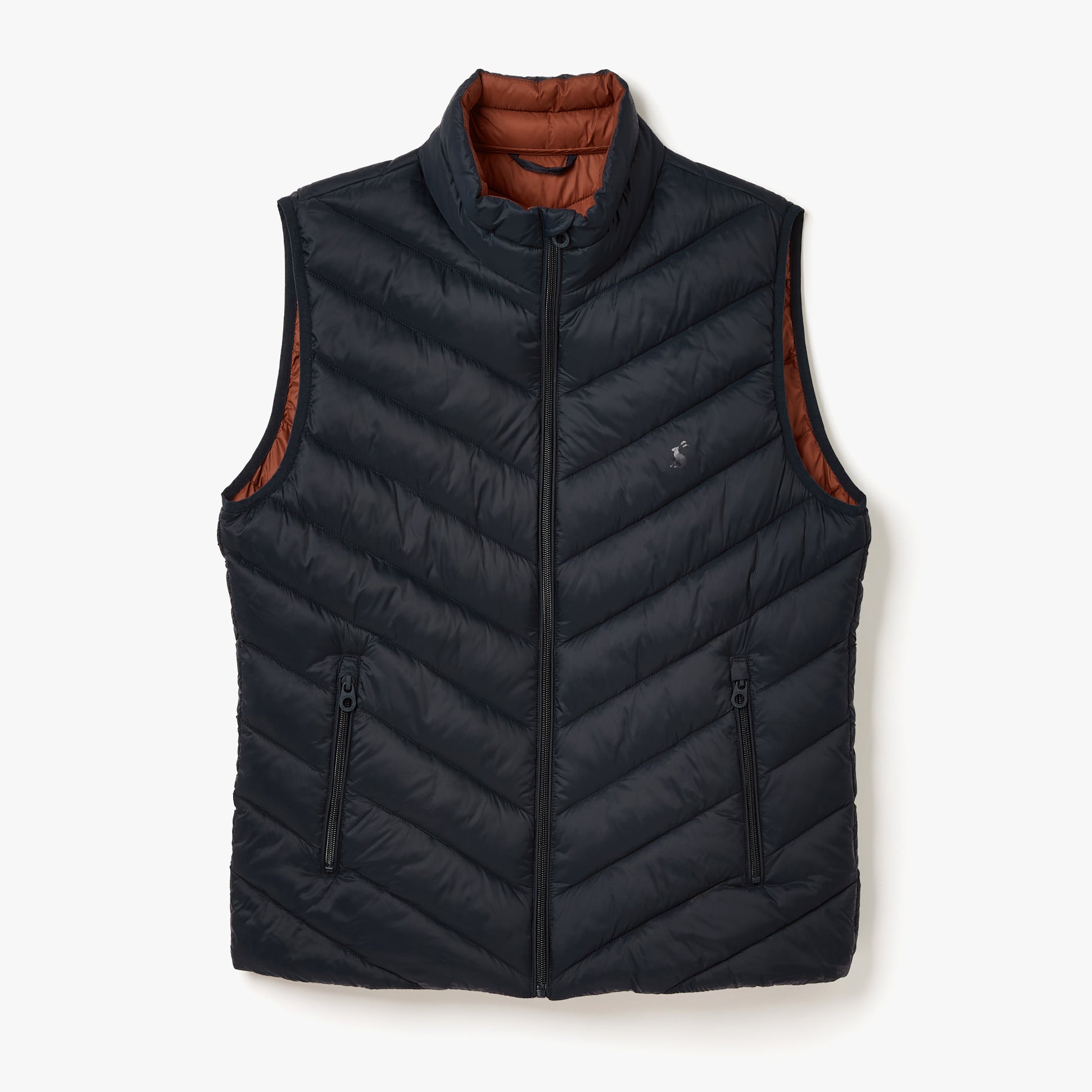 Joules GARRETT Mens Gilet Navy front view with zip closure, padded chevron quilting, and contrasting lining.