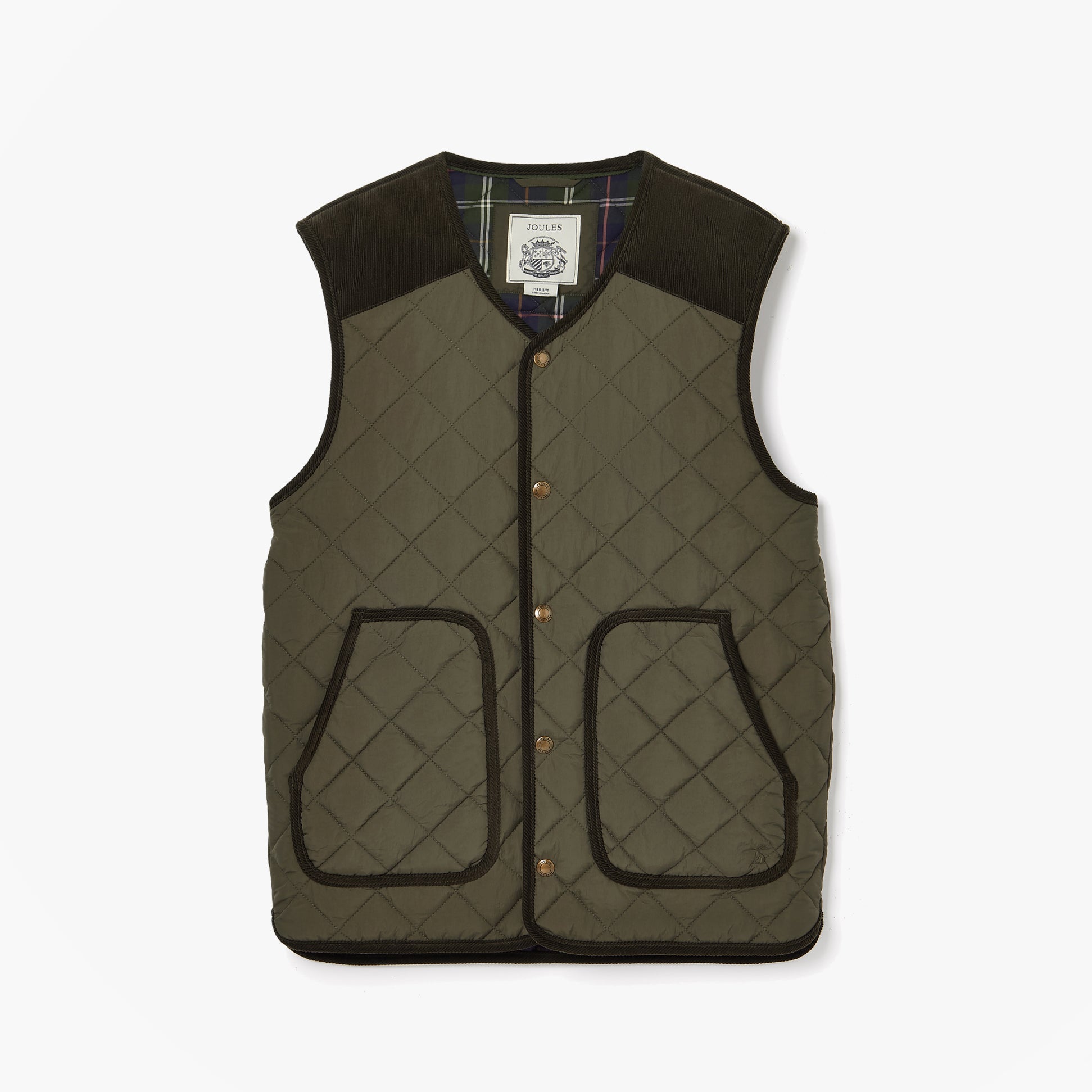 Joules GIBSON Mens Gilet Green front view featuring diamond quilted design with corduroy pockets and shoulders.