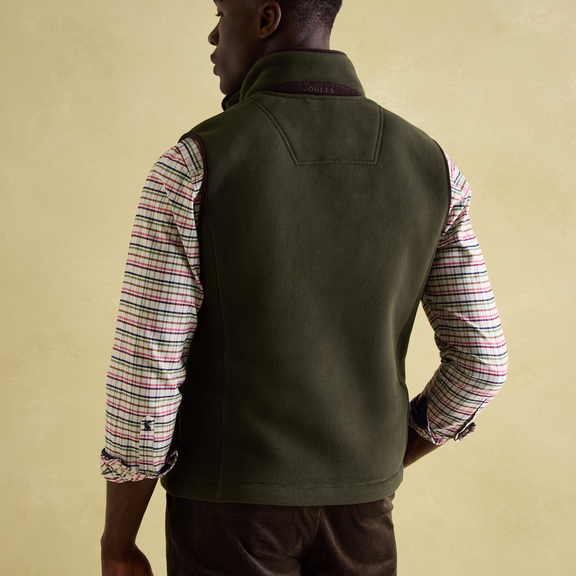 Joules GREENFIELD Mens Gilet Green, back view, showcasing funnel neck and adjustable waist.