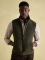 Joules GREENFIELD Mens Gilet Green front view featuring zip closure and funnel neck on model.