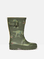 Joules JNR WELLY PRINT Boys Wellies Green Dino side view showing dinosaur print and block heel.