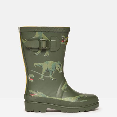 Joules JNR WELLY PRINT Boys Wellies Green Dino side view showing dinosaur print and block heel.