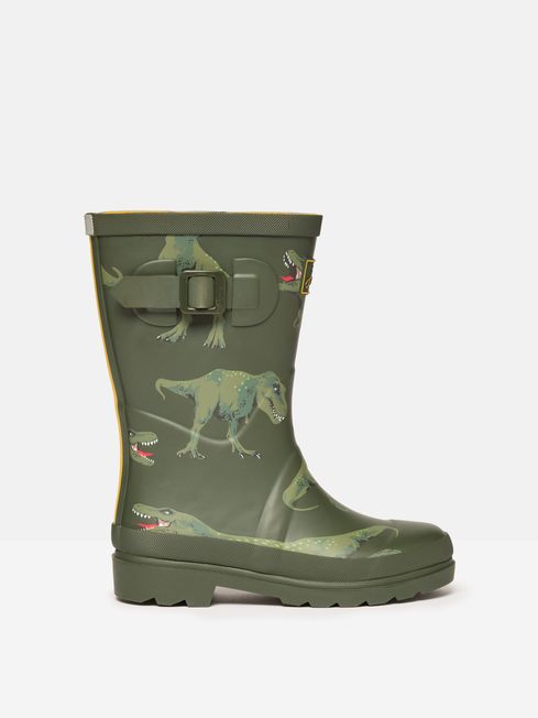 Joules JNR WELLY PRINT Boys Wellies Green Dino side view showing dinosaur print and block heel.