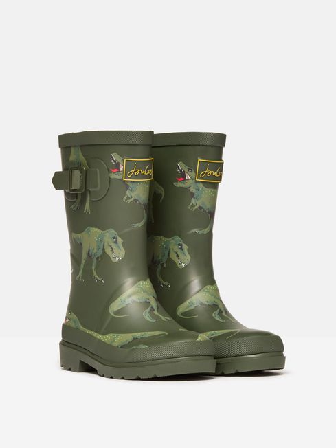 Joules JNR WELLY PRINT Boys Wellies Green Dino side view with dinosaur print and pull-on design.