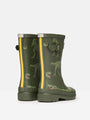 Joules JNR WELLY PRINT Boys Wellies Green Dino side view showing dino print and yellow stripe on the back.