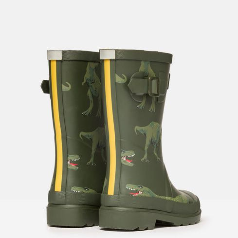Joules JNR WELLY PRINT Boys Wellies Green Dino side view showing dino print and yellow stripe on the back.